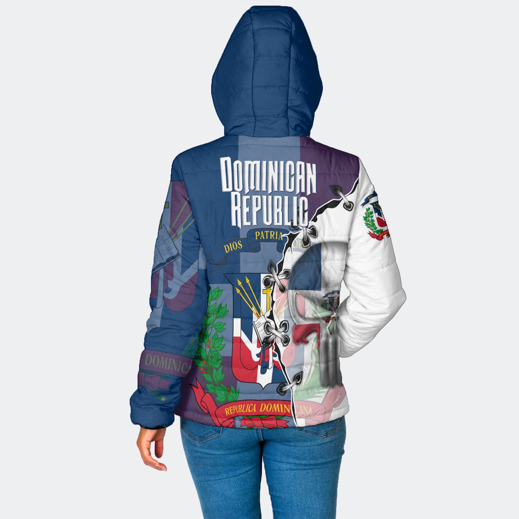 Dominican Republic Women Hooded Padded Jacket Flag & Coat Of Arms Skull Style