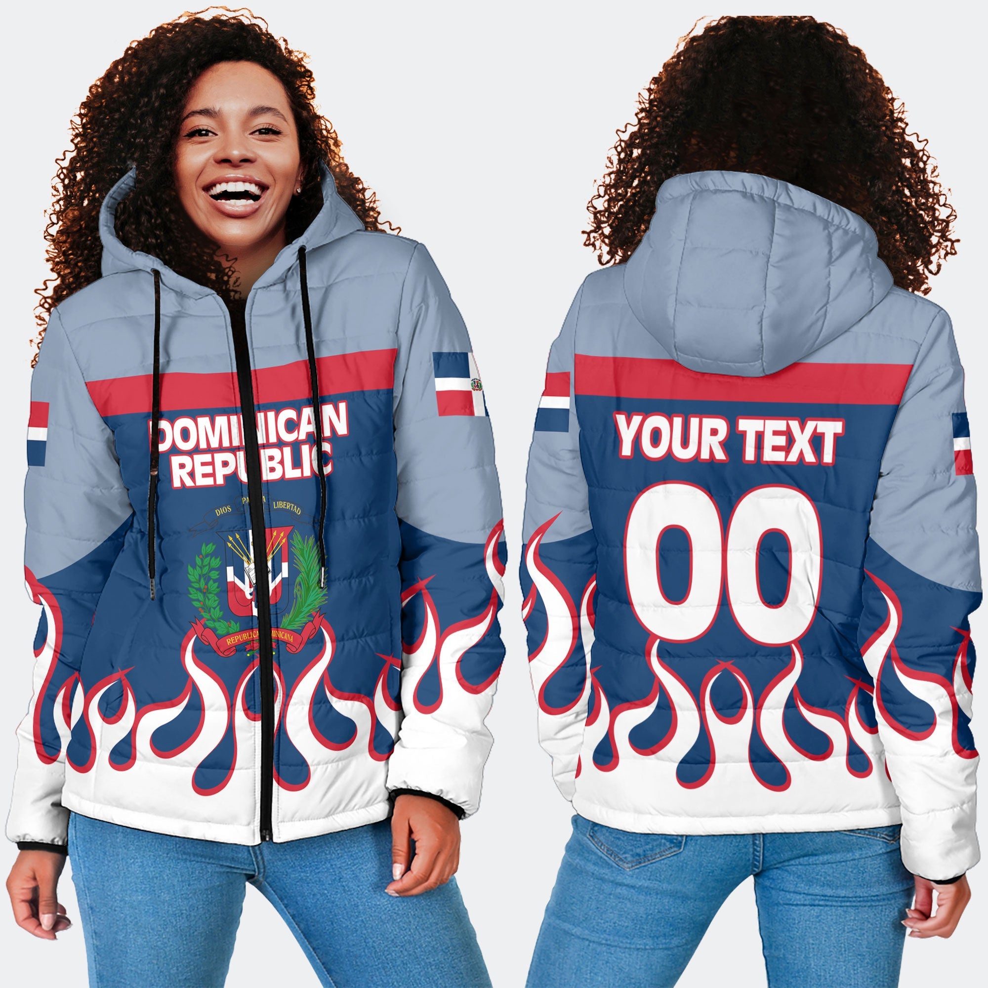 Dominican Republic Women Hooded Padded Jacket Flag & Coat Of Arms Fire Hockey Style