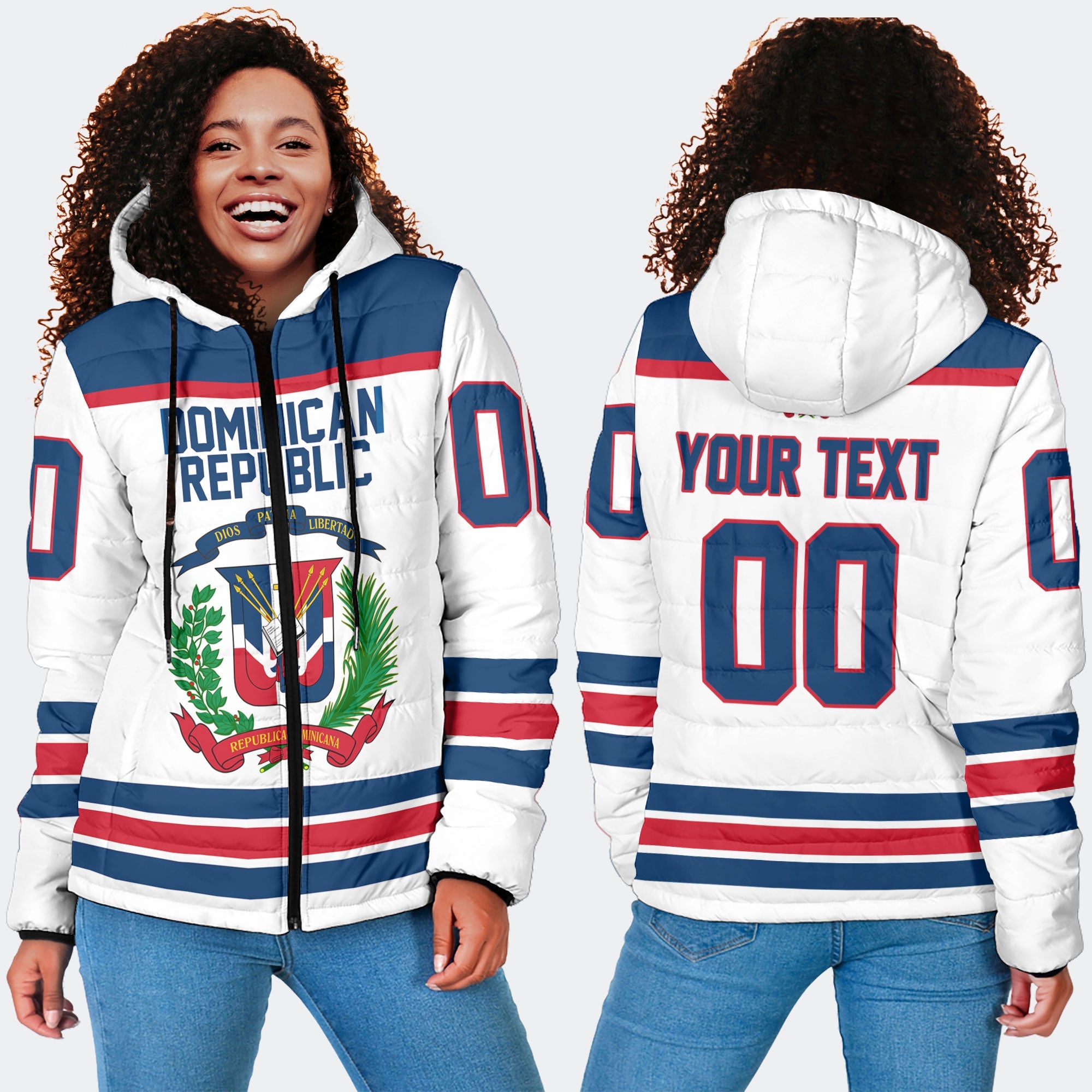 Dominican Republic Women Hooded Padded Jacket Flag & Coat Of Arms Hockey Style