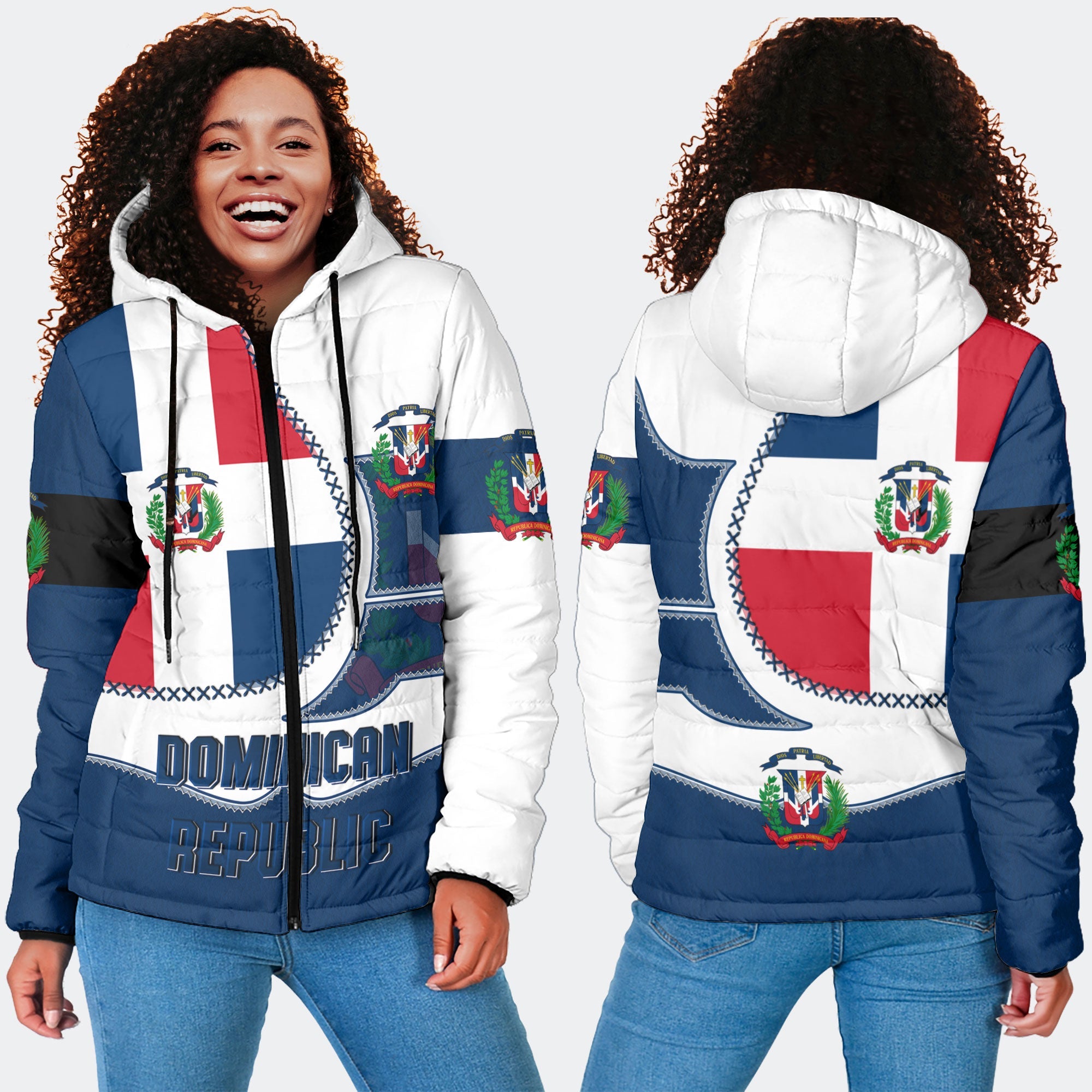 Dominican Republic Women Hooded Padded Jacket Flag & Coat Of Arms Leather Style