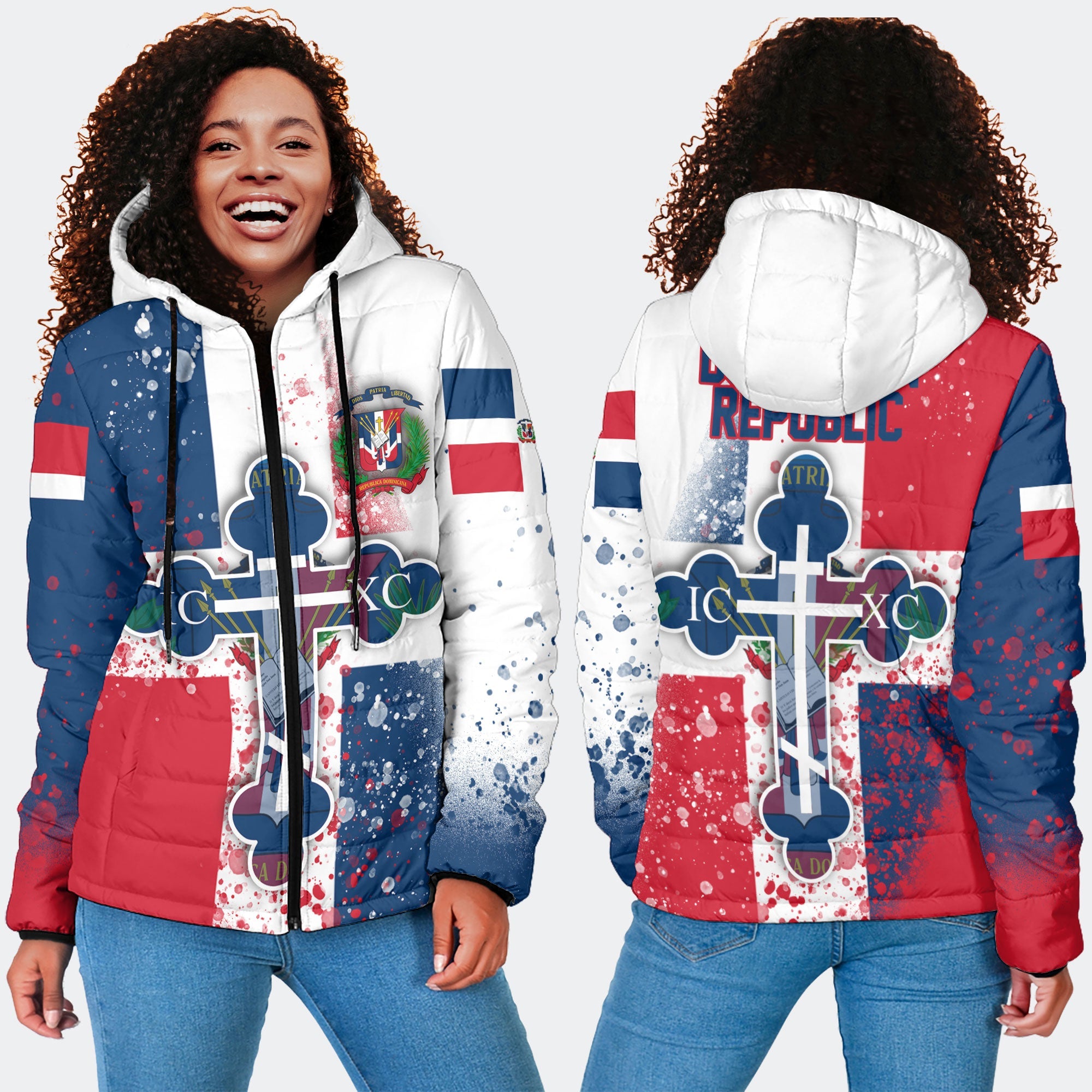 Dominican Republic Women Hooded Padded Jacket Flag & Coat Of Arms Orthodox Style