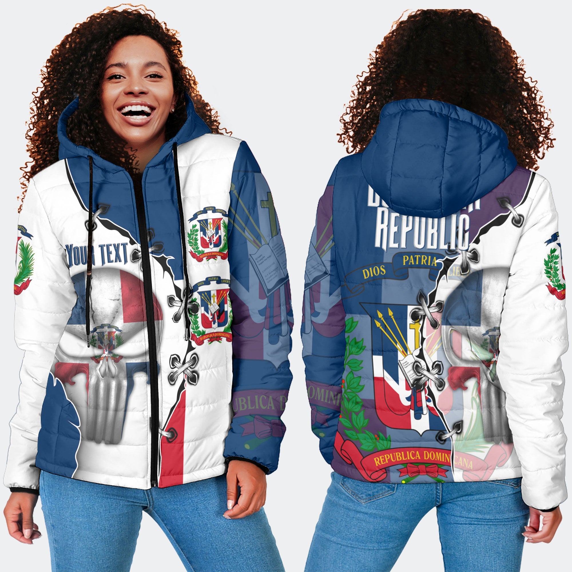 Dominican Republic Women Hooded Padded Jacket Flag & Coat Of Arms Skull Style