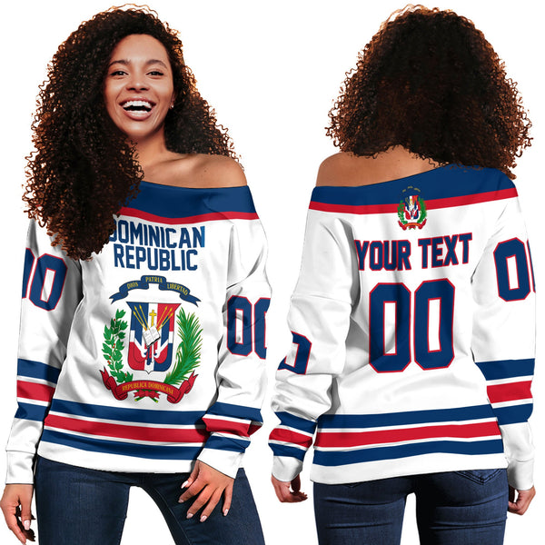 Dominican Republic Women Off Shoulder Sweatshirt Flag & Coat Of Arms Hockey Style