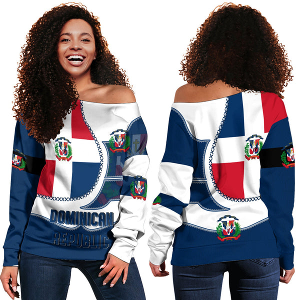 Dominican Republic Women Off Shoulder Sweatshirt Flag & Coat Of Arms Leather Style