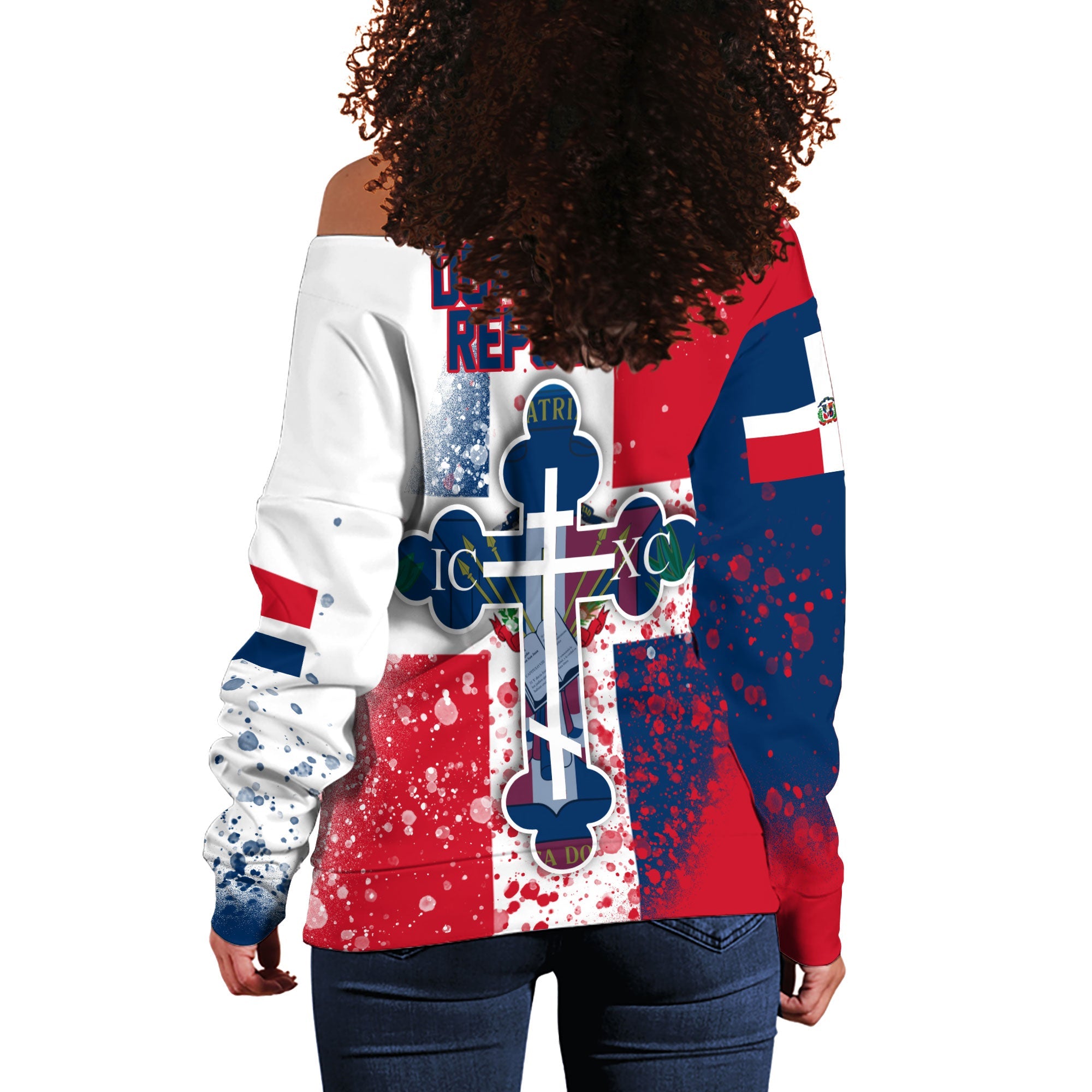 Dominican Republic Women Off Shoulder Sweatshirt Flag & Coat Of Arms Orthodox Style