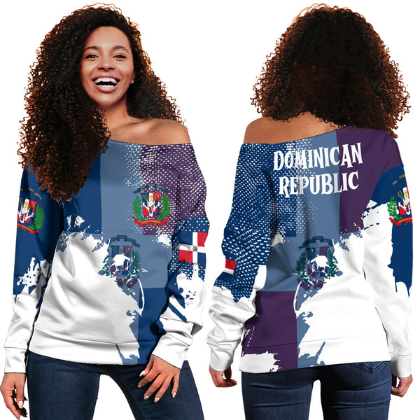 Dominican Republic Women Off Shoulder Sweatshirt Flag & Coat Of Arms Paint Style