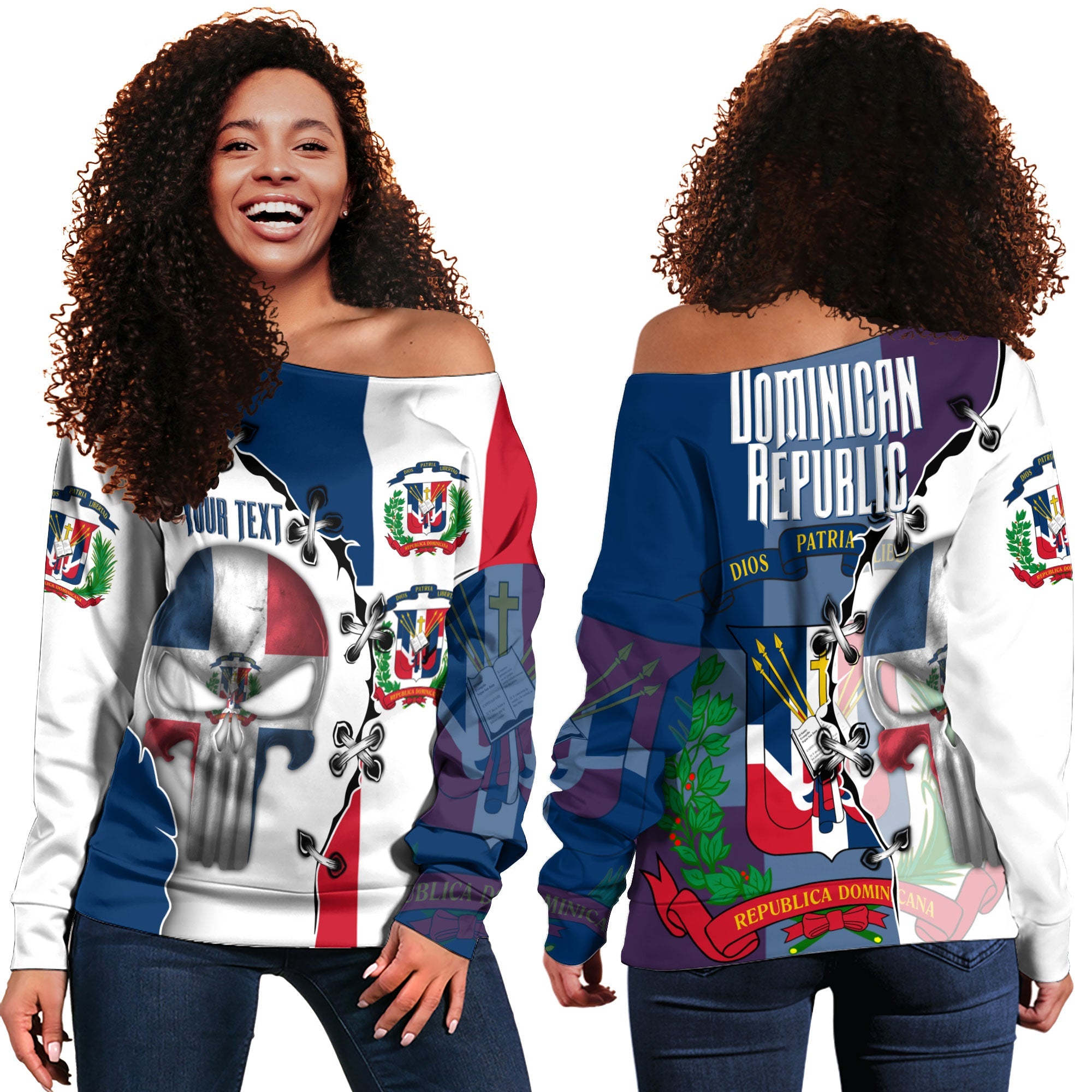 Dominican Republic Women Off Shoulder Sweatshirt Flag & Coat Of Arms Skull Style