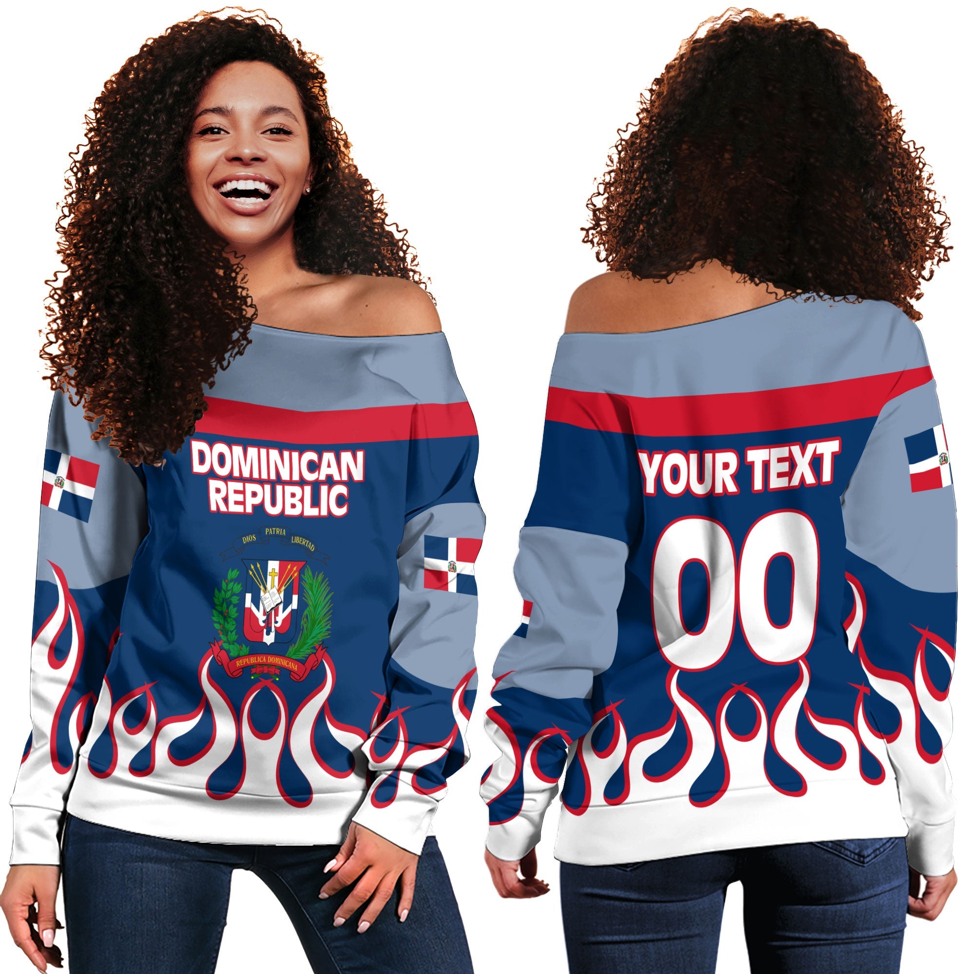 Dominican Republic Women Off Shoulder Sweatshirt Flag & Coat Of Arms Fire Hockey Style