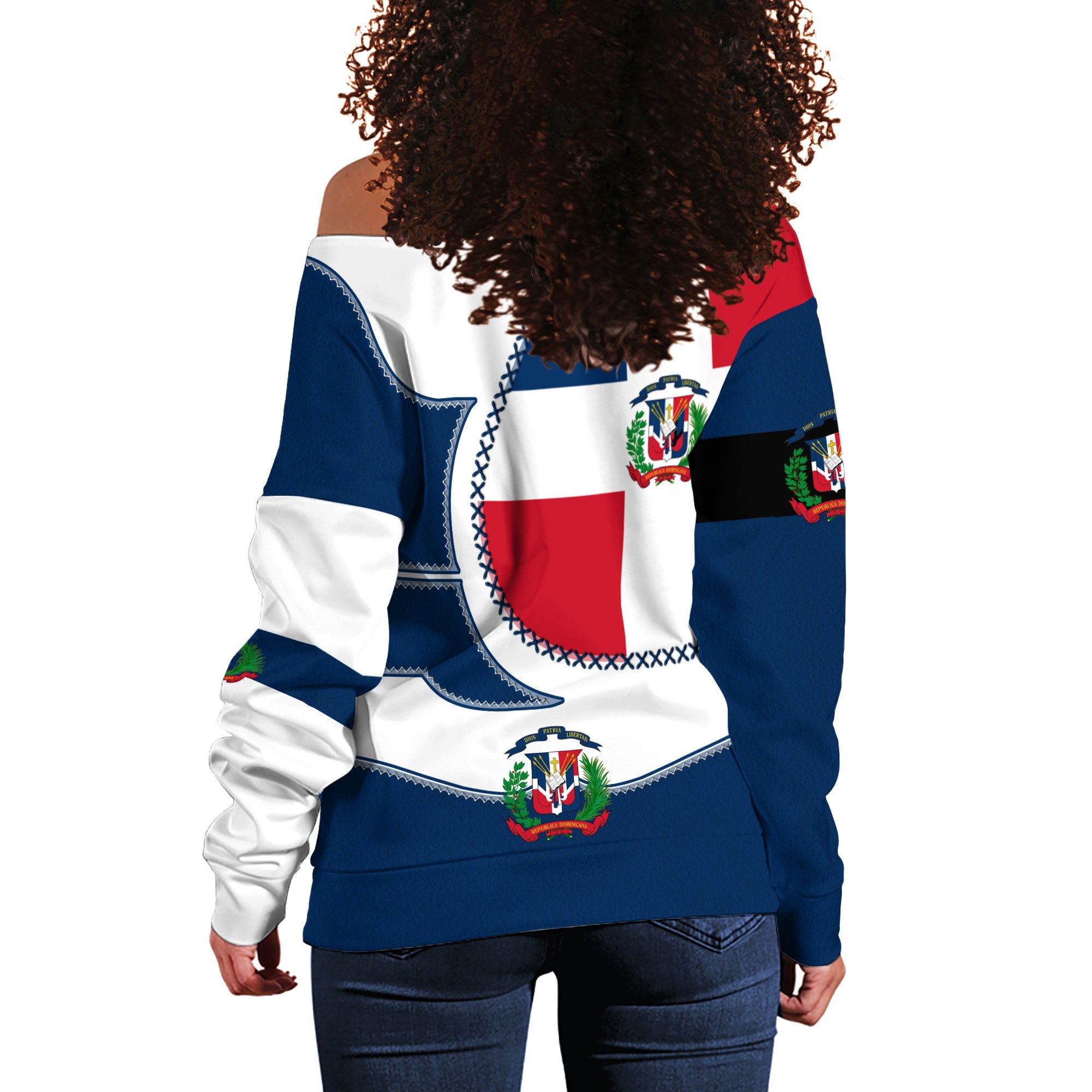 Dominican Republic Women Off Shoulder Sweatshirt Flag & Coat Of Arms Leather Style