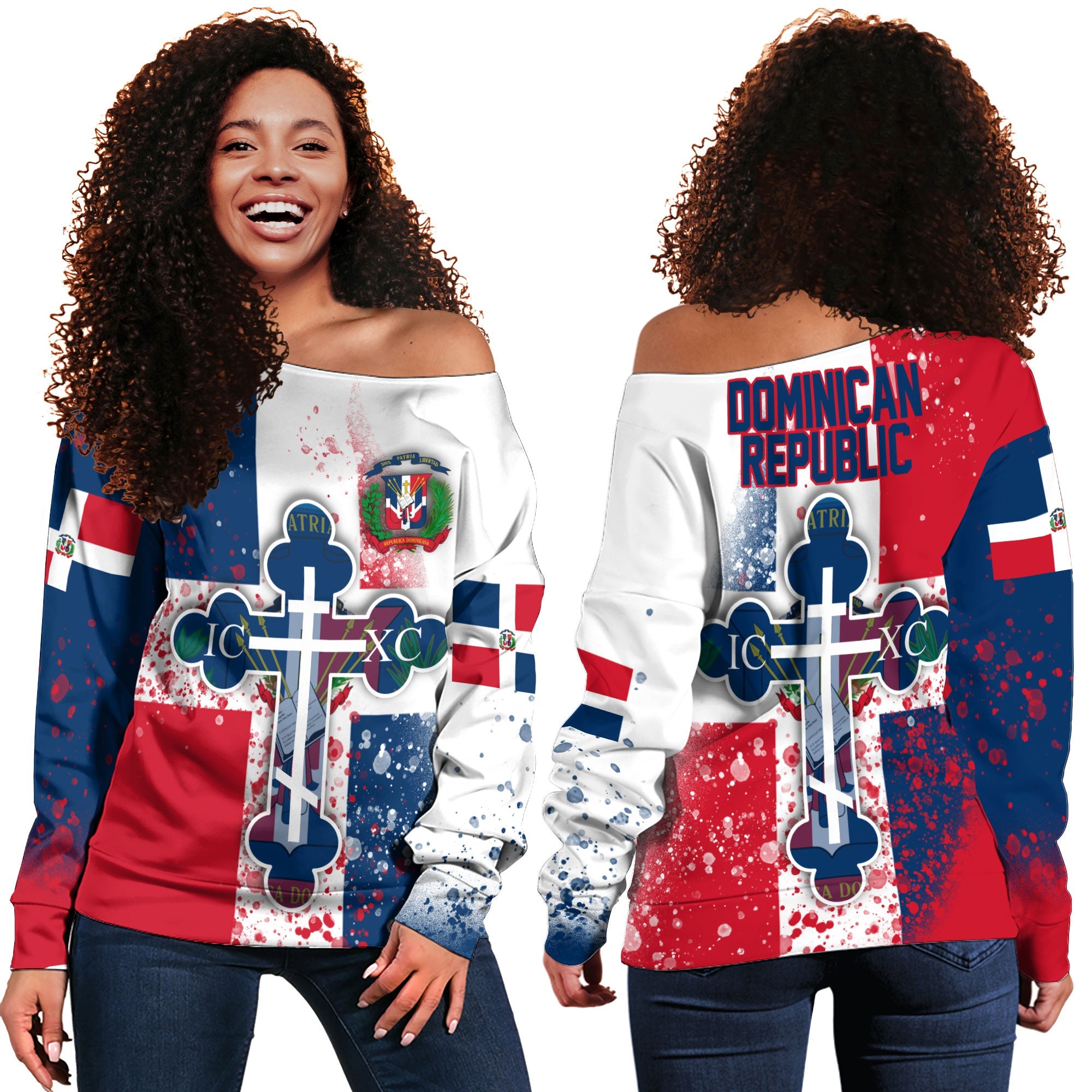 Dominican Republic Women Off Shoulder Sweatshirt Flag & Coat Of Arms Orthodox Style