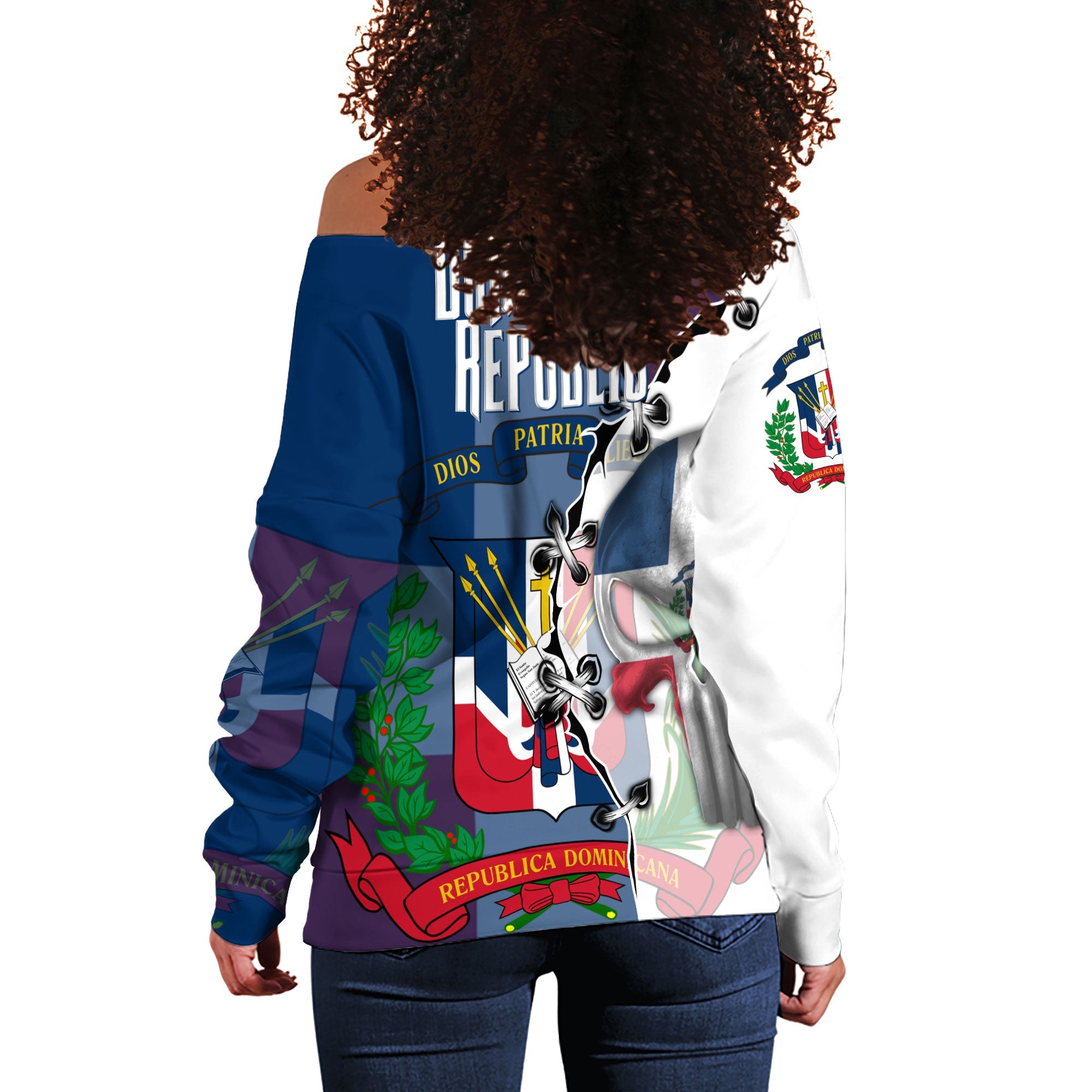 Dominican Republic Women Off Shoulder Sweatshirt Flag & Coat Of Arms Skull Style