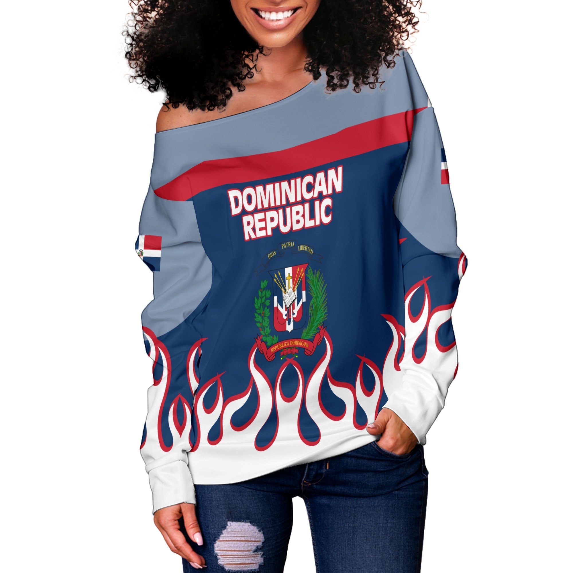 Dominican Republic Women Off Shoulder Sweatshirt Flag & Coat Of Arms Fire Hockey Style