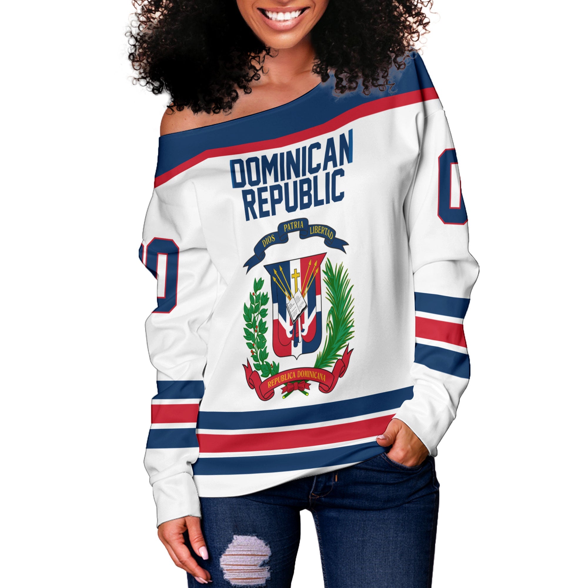 Dominican Republic Women Off Shoulder Sweatshirt Flag & Coat Of Arms Hockey Style