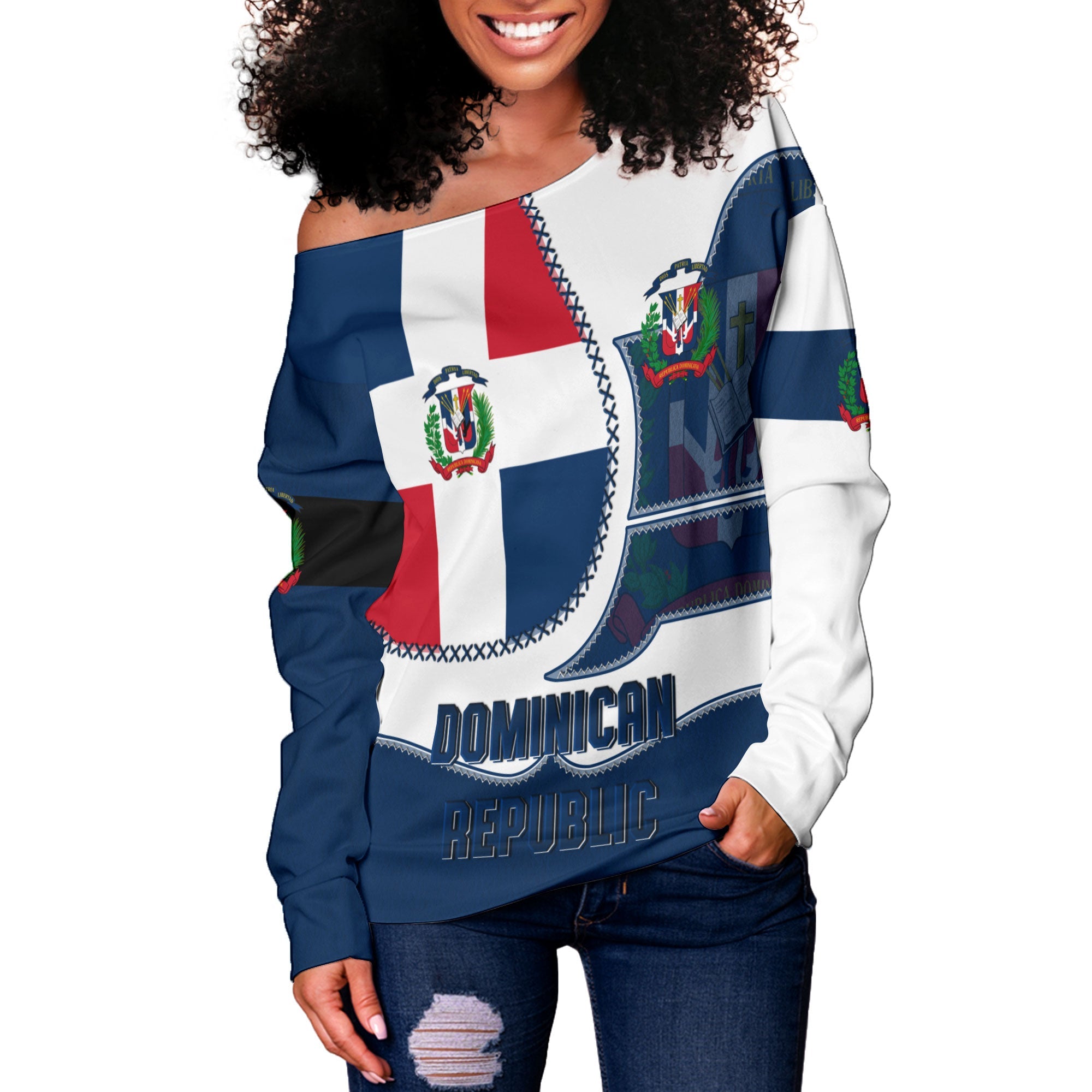 Dominican Republic Women Off Shoulder Sweatshirt Flag & Coat Of Arms Leather Style