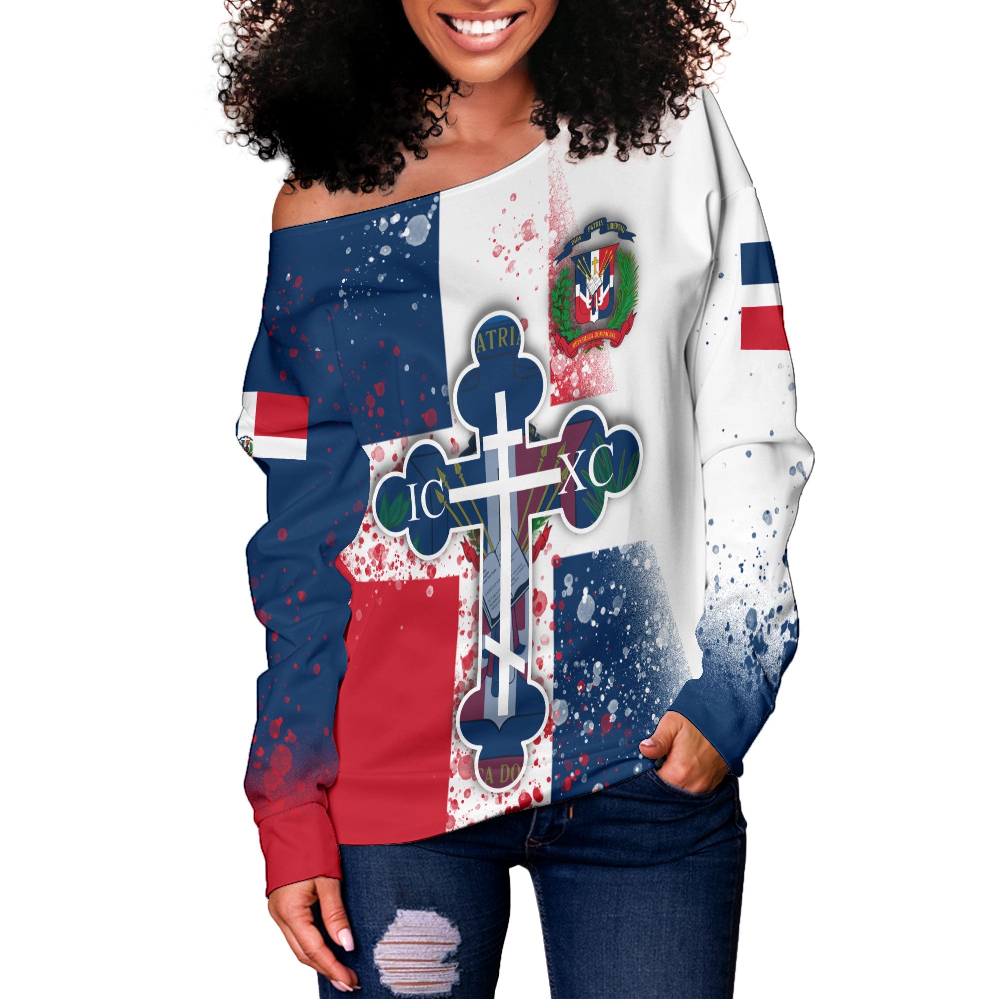 Dominican Republic Women Off Shoulder Sweatshirt Flag & Coat Of Arms Orthodox Style