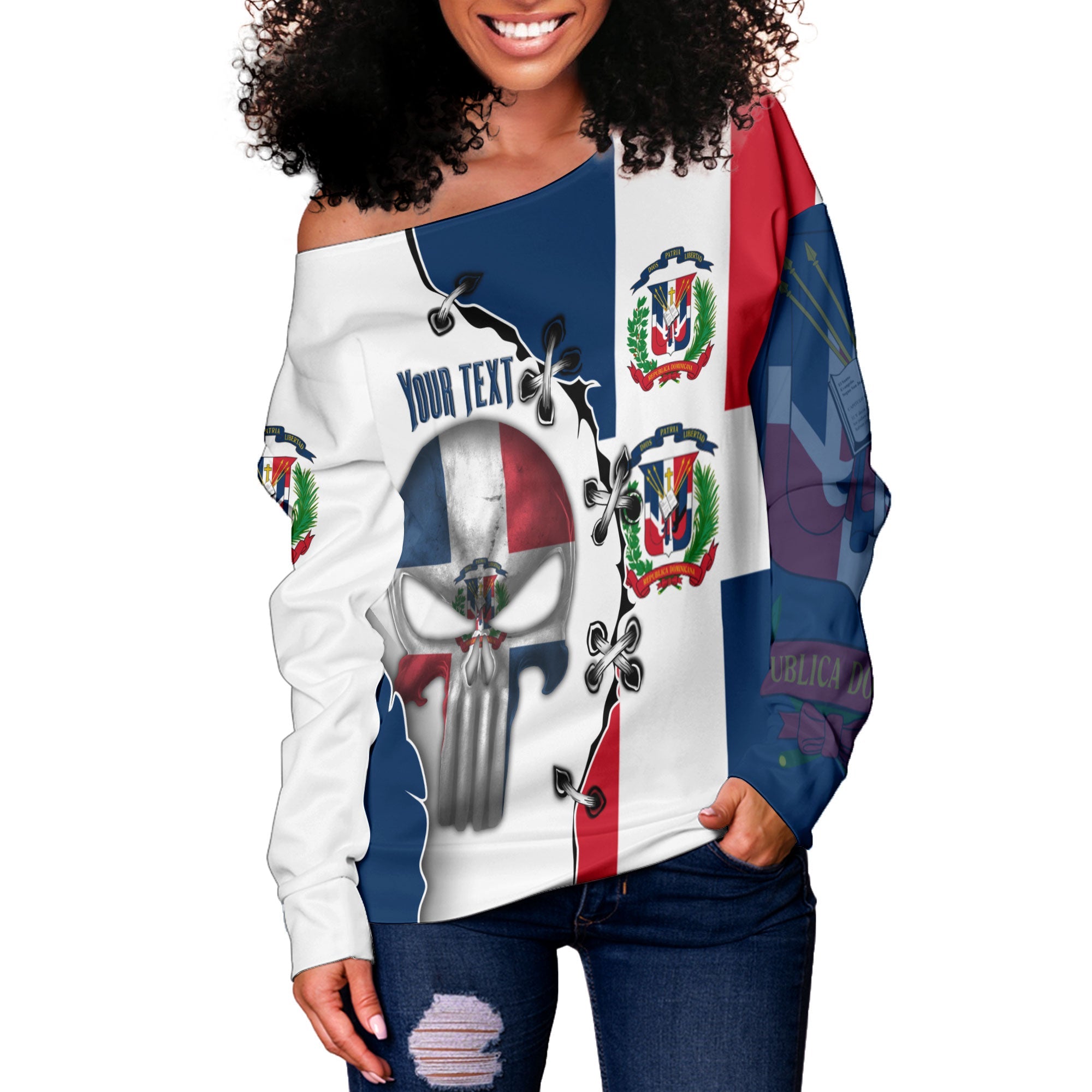 Dominican Republic Women Off Shoulder Sweatshirt Flag & Coat Of Arms Skull Style