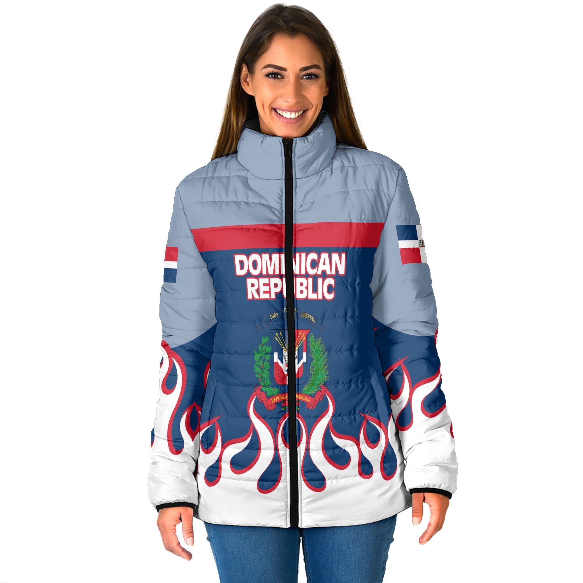 Dominican Republic Women Padded Jacket Flag & Coat Of Arms Fire Hockey Style