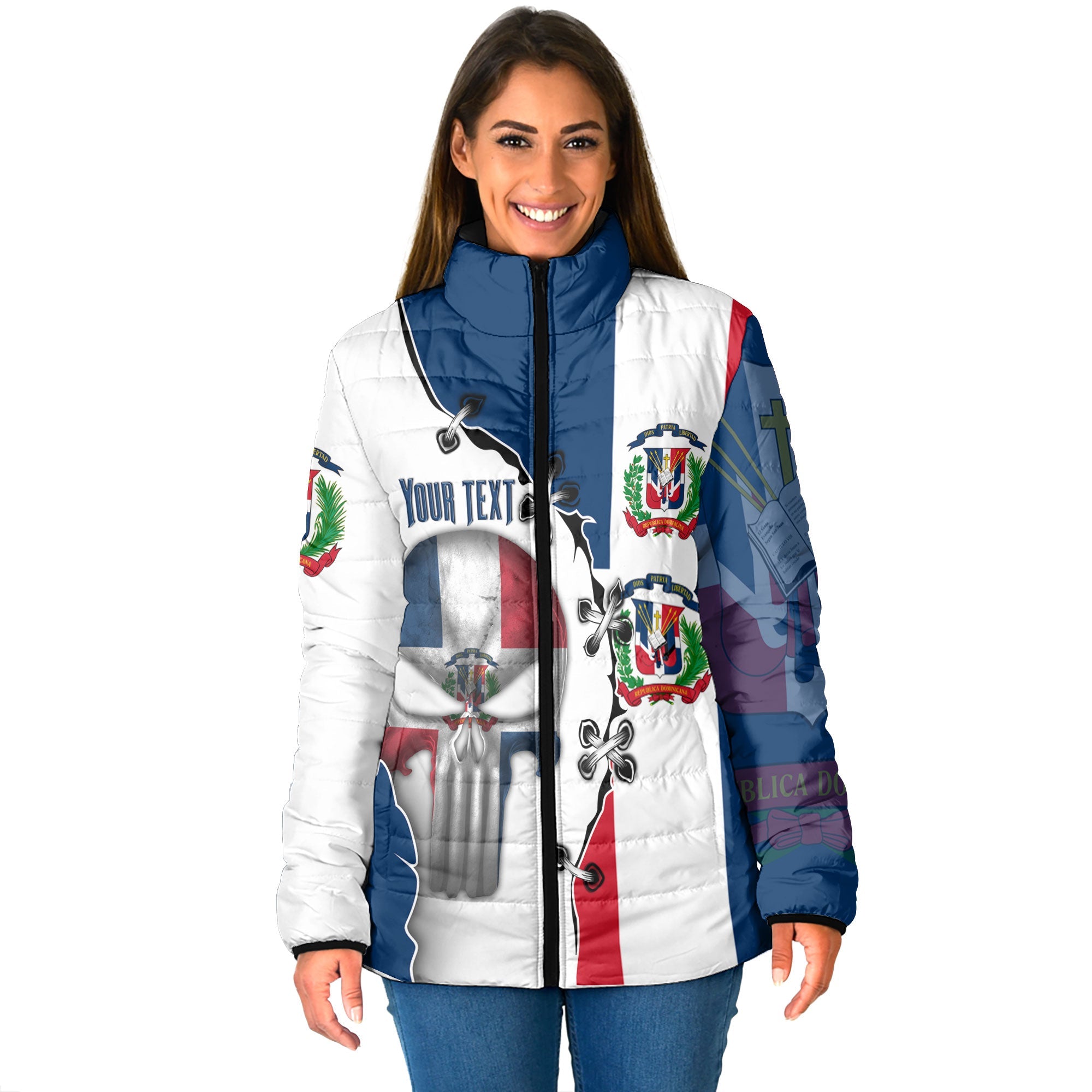 Dominican Republic Women Padded Jacket Flag & Coat Of Arms Skull Style