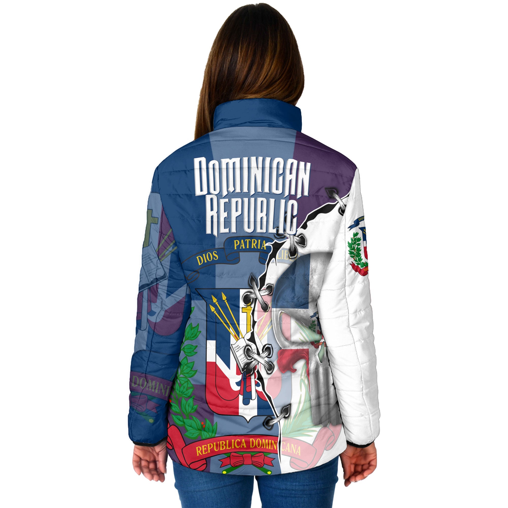 Dominican Republic Women Padded Jacket Flag & Coat Of Arms Skull Style