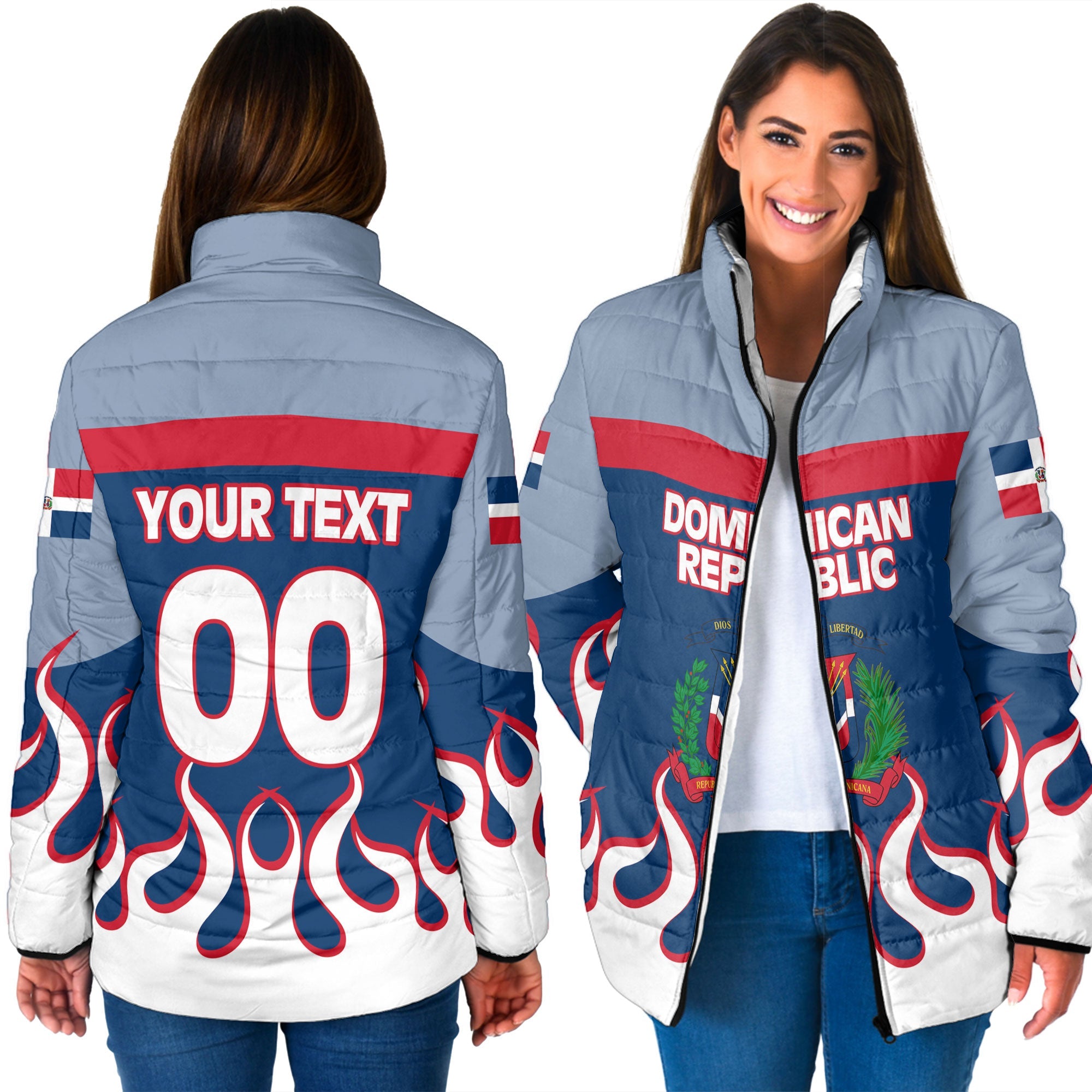 Dominican Republic Women Padded Jacket Flag & Coat Of Arms Fire Hockey Style