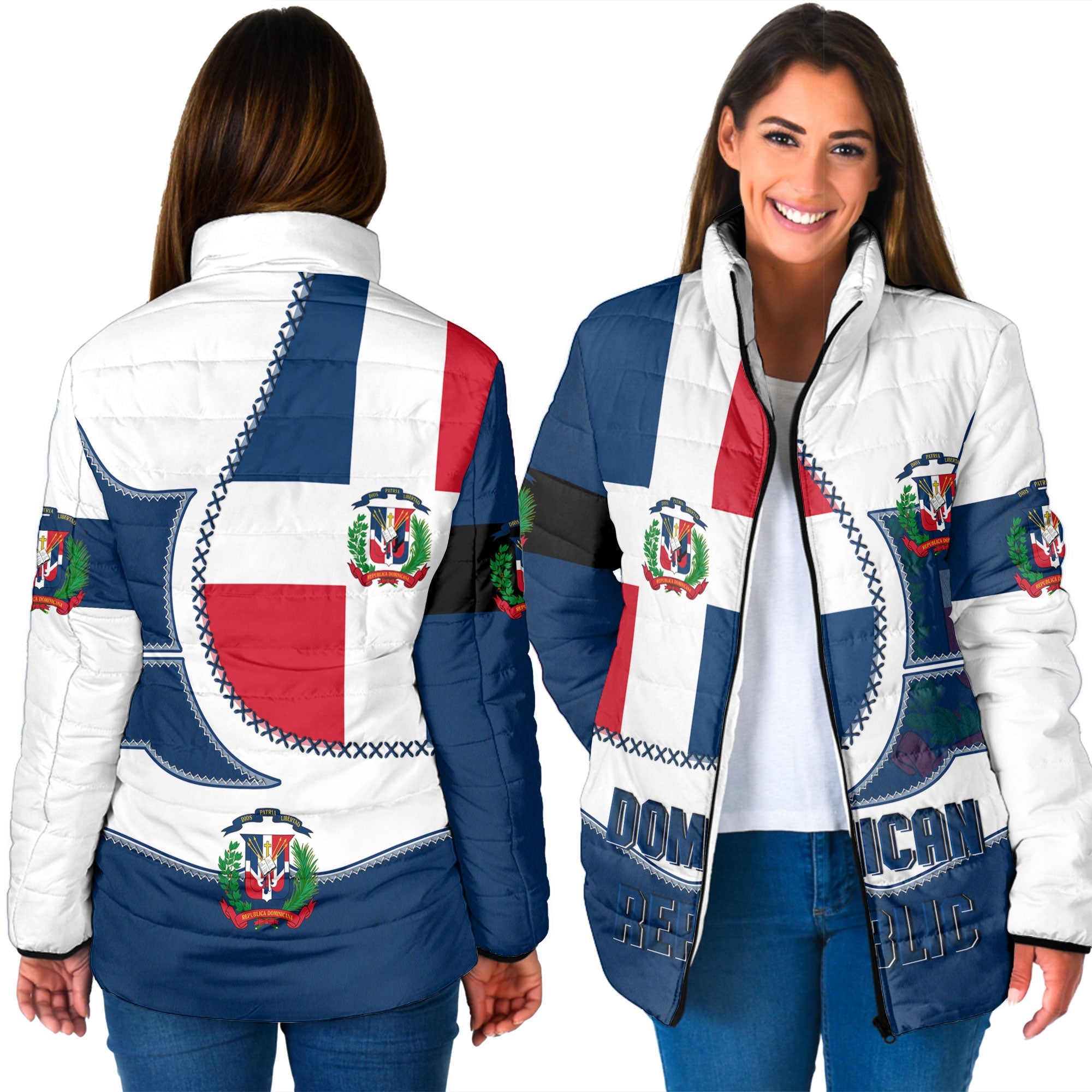 Dominican Republic Women Padded Jacket Flag & Coat Of Arms Leather Style