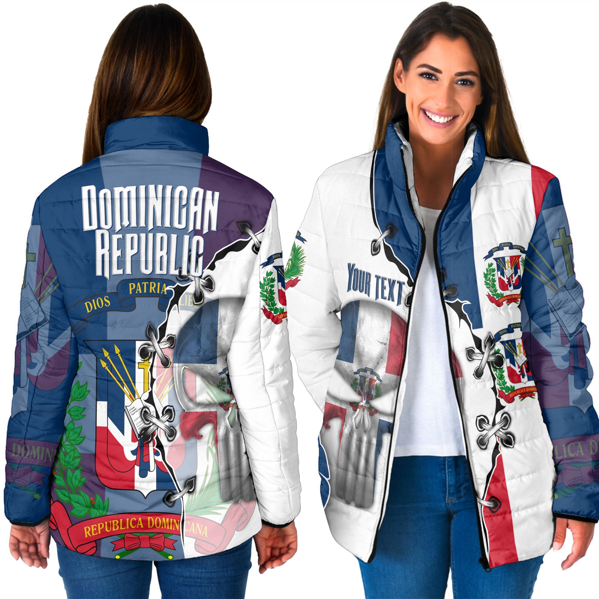 Dominican Republic Women Padded Jacket Flag & Coat Of Arms Skull Style