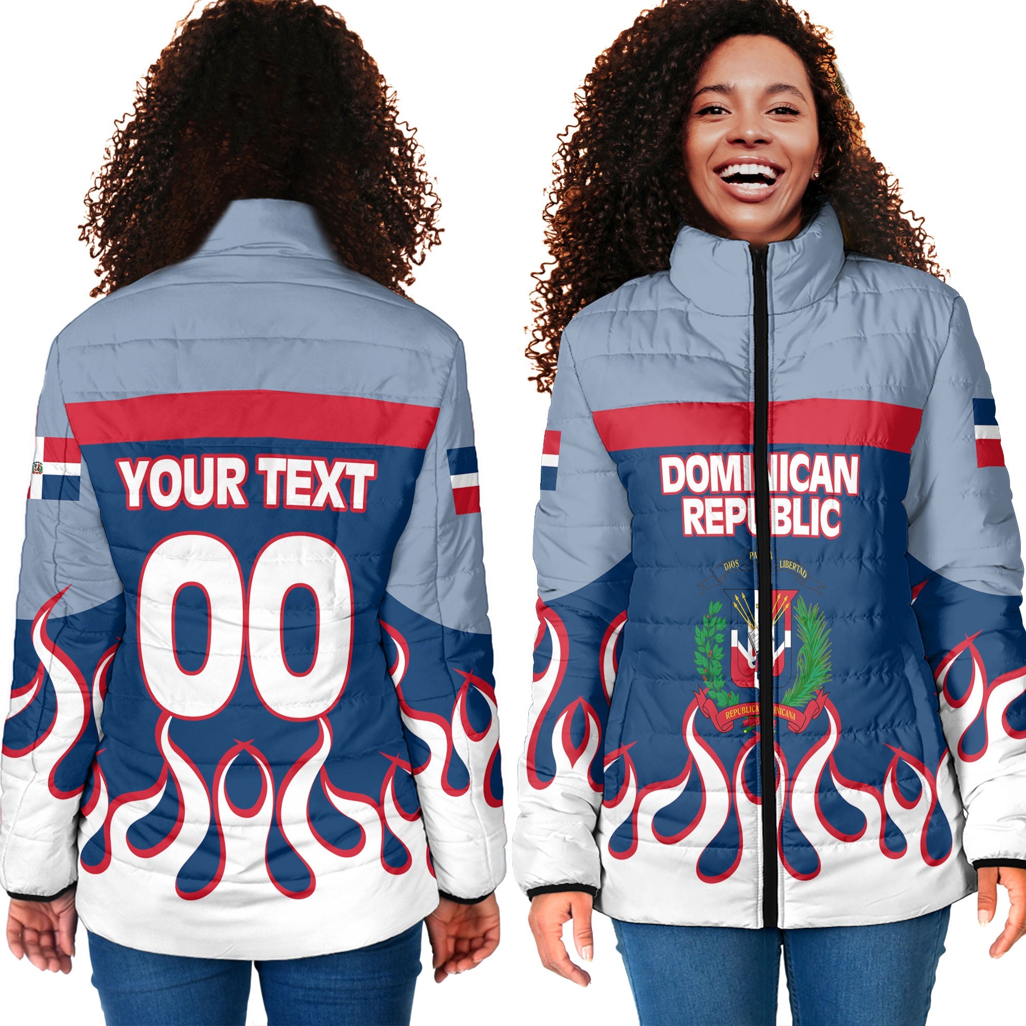 Dominican Republic Women Padded Jacket Flag & Coat Of Arms Fire Hockey Style