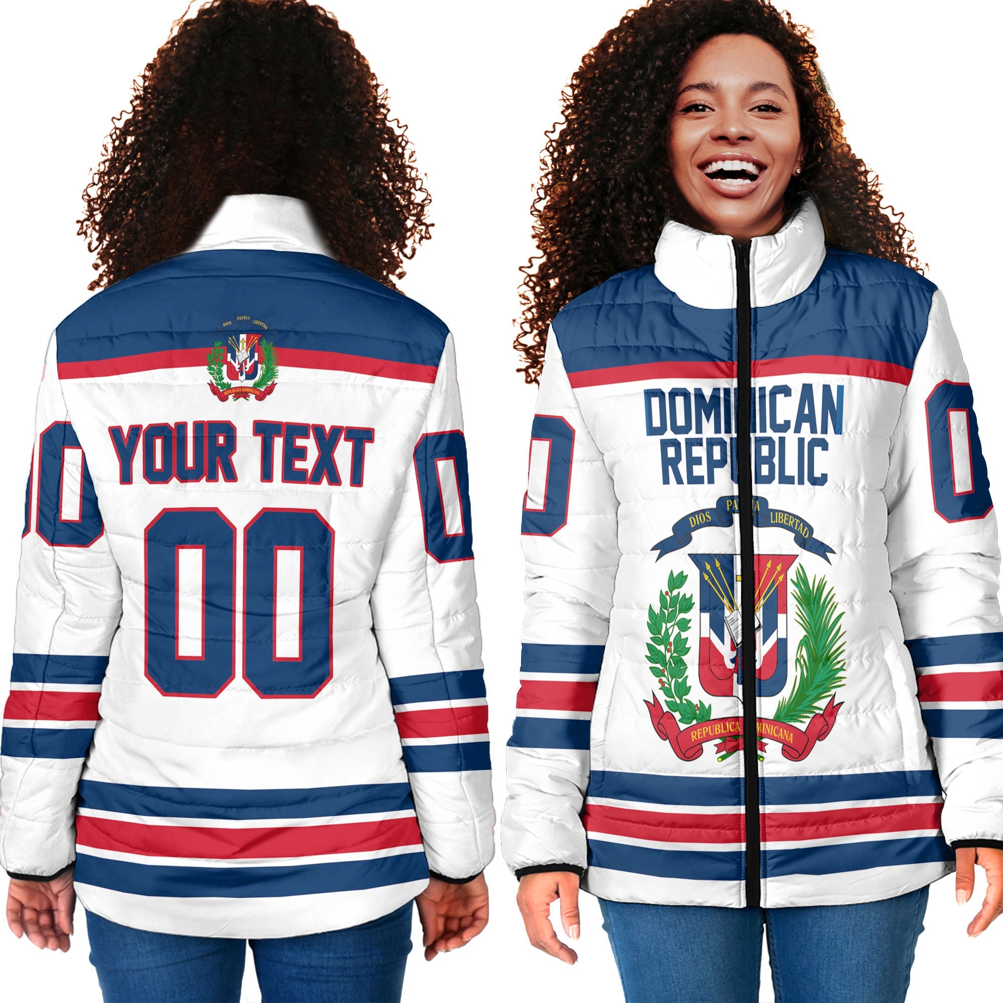 Dominican Republic Women Padded Jacket Flag & Coat Of Arms Hockey Style