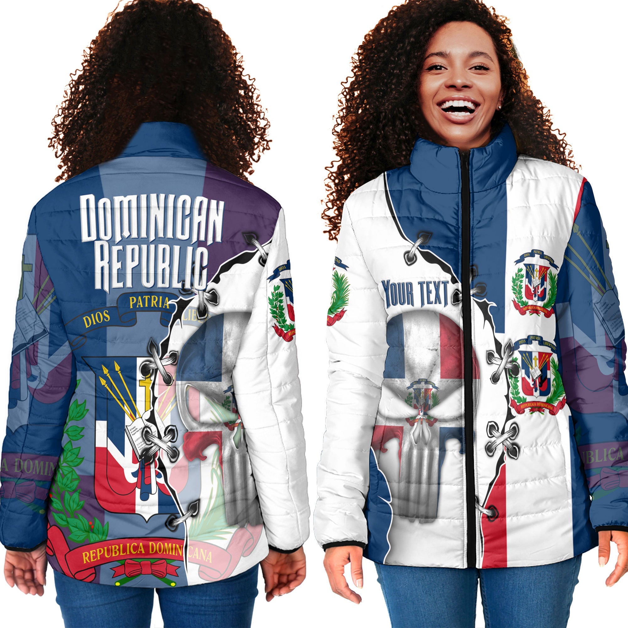 Dominican Republic Women Padded Jacket Flag & Coat Of Arms Skull Style