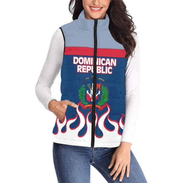 Dominican Republic Women Padded Jacket Vest Flag & Coat Of Arms Fire Hockey Style