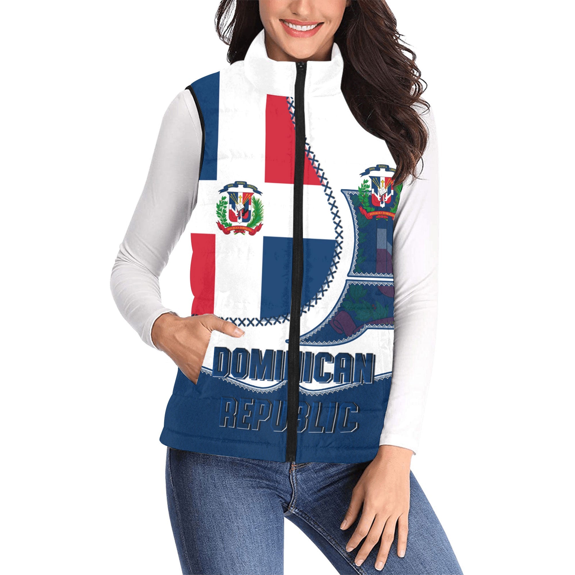 Dominican Republic Women Padded Jacket Vest Flag & Coat Of Arms Leather Style