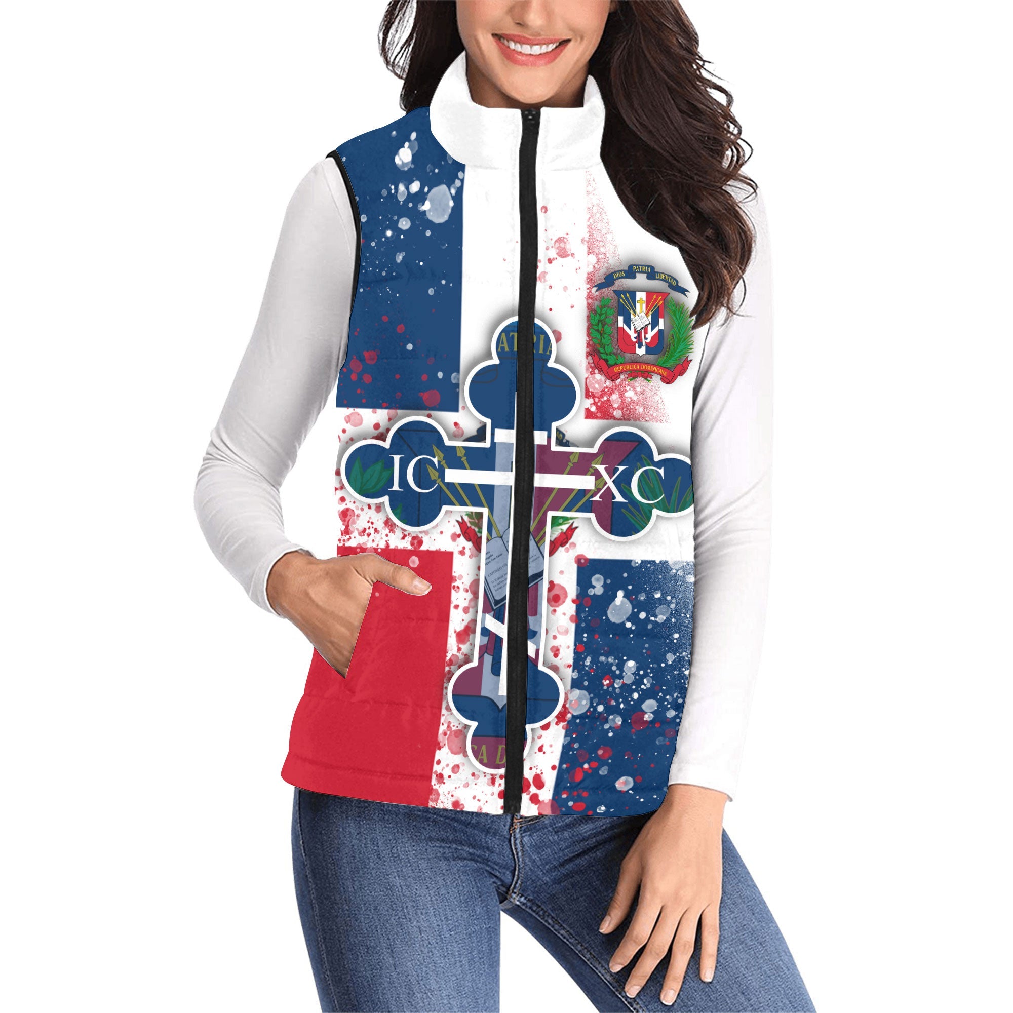 Dominican Republic Women Padded Jacket Vest Flag & Coat Of Arms Orthodox Style