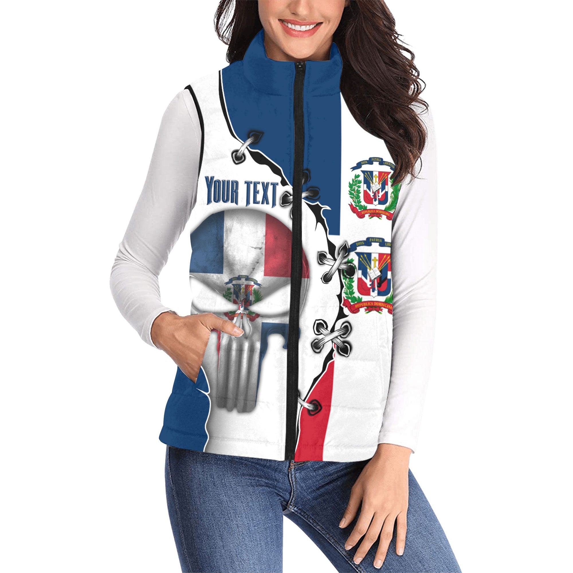 Dominican Republic Women Padded Jacket Vest Flag & Coat Of Arms Skull Style