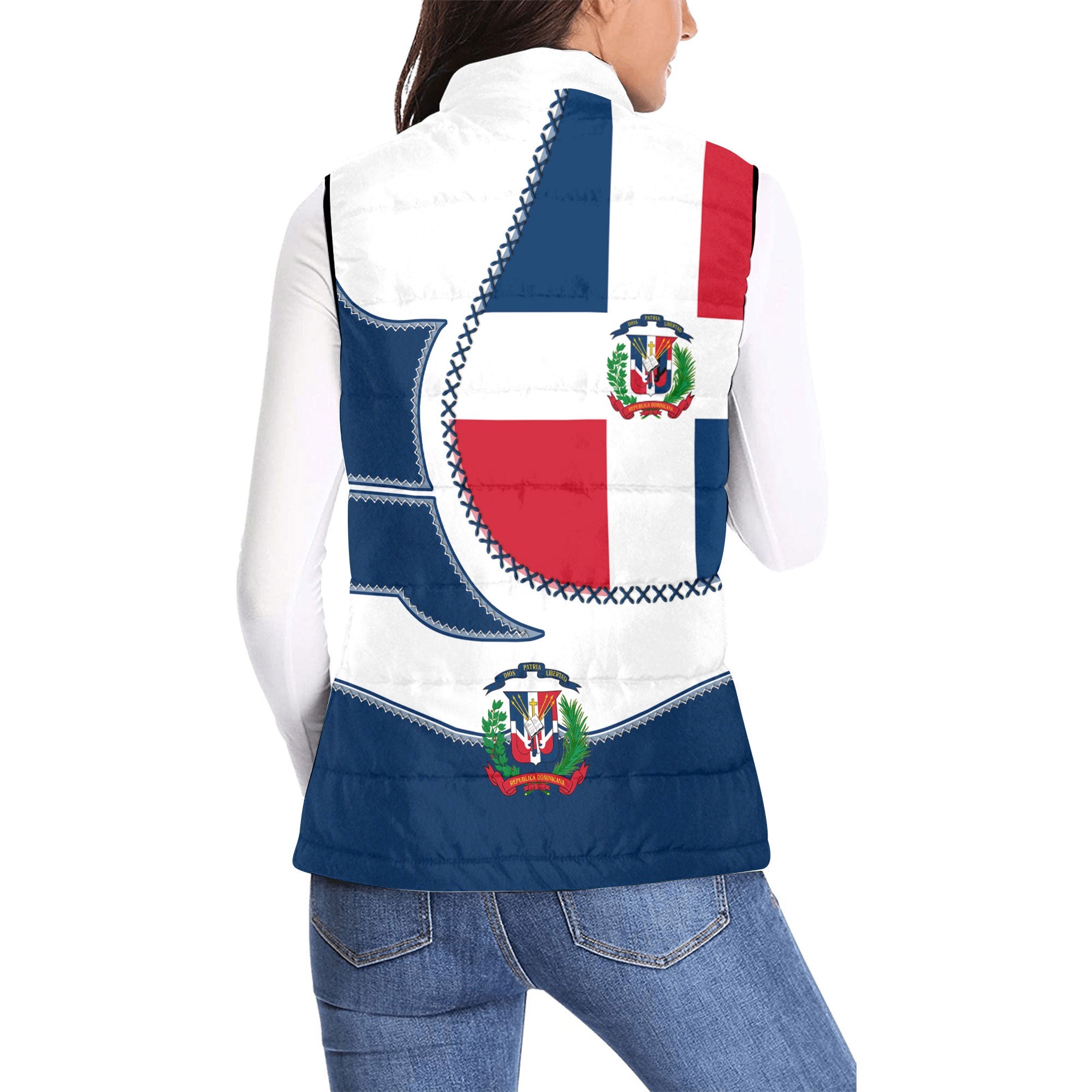 Dominican Republic Women Padded Jacket Vest Flag & Coat Of Arms Leather Style