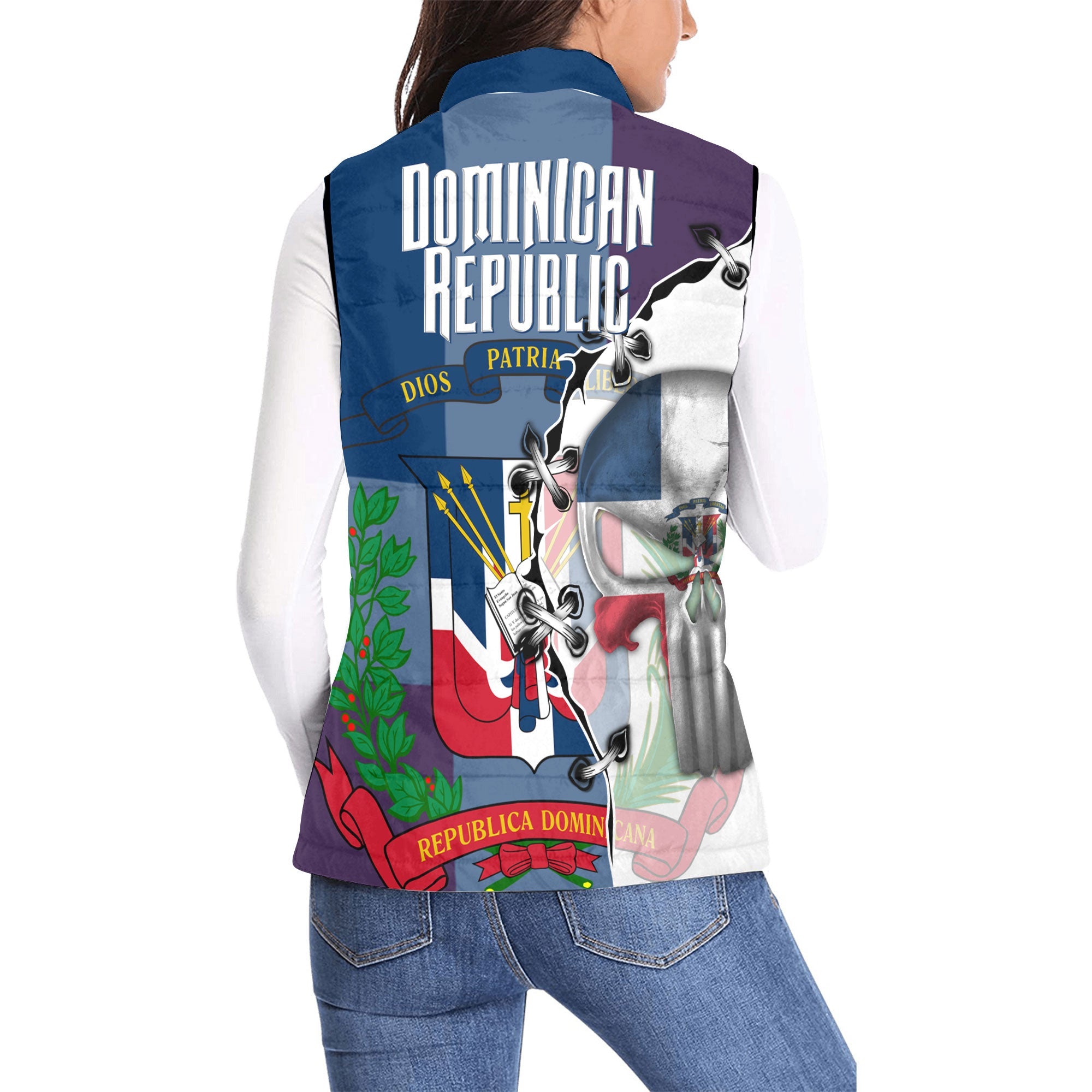 Dominican Republic Women Padded Jacket Vest Flag & Coat Of Arms Skull Style