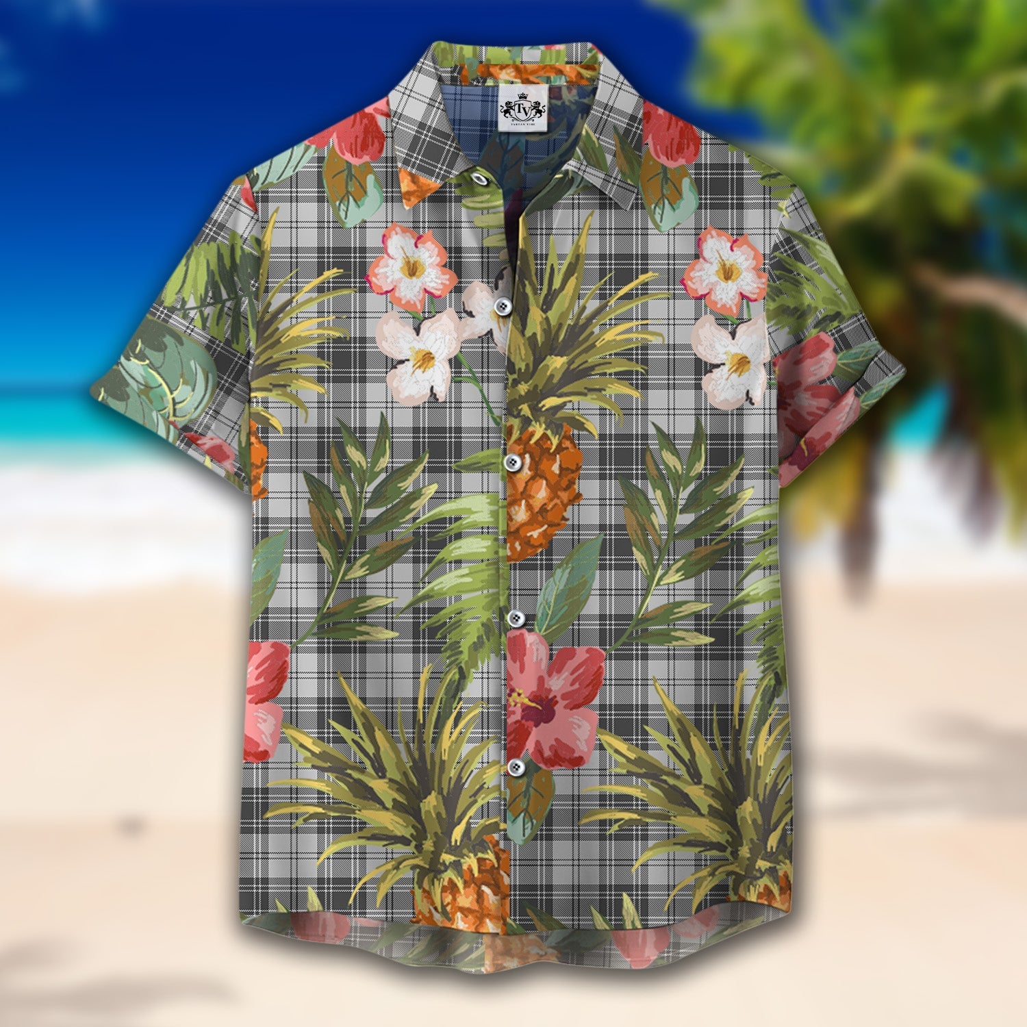 Scottish Tartan Douglas Grey Modern Clan Hawaiian Shirt Hibiscus - Tropical Garden Style