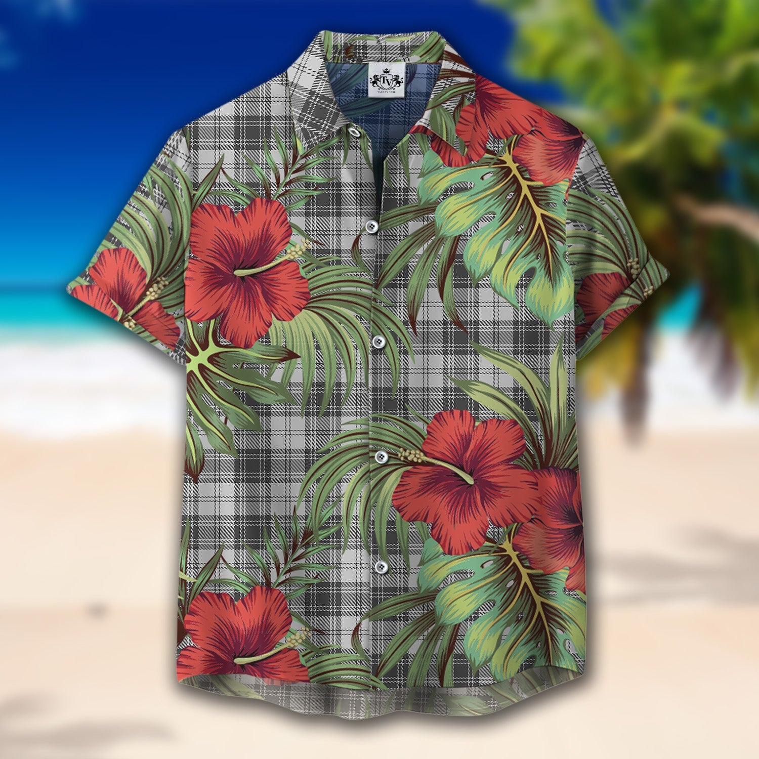 Scottish Tartan Douglas Grey Modern Clan Hawaiian Shirt Hibiscus - Tropical Garden Style