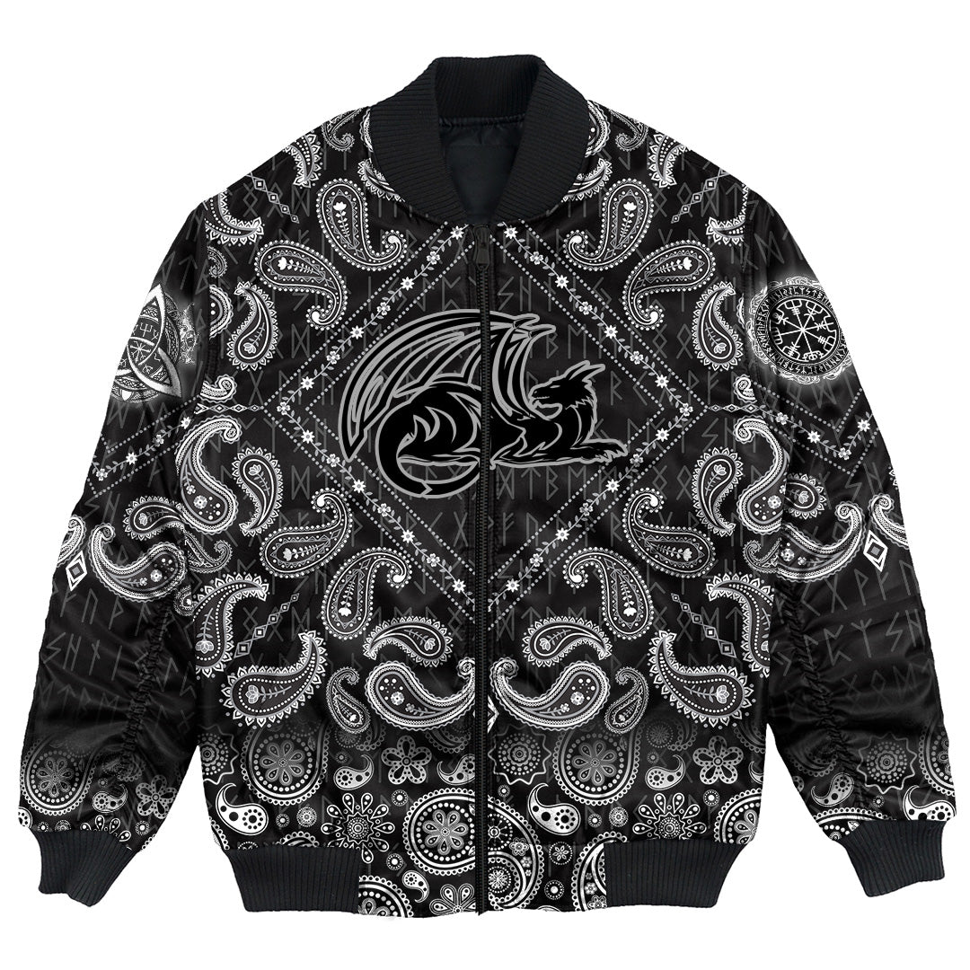 Viking Bomber Jacket Dragon Ancient Fire Breathing Monster with Bandana Paisley Style