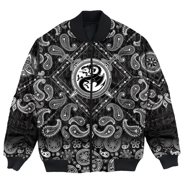 Viking Bomber Jacket Dragon Shield With Crossing Swords with Bandana Paisley Style