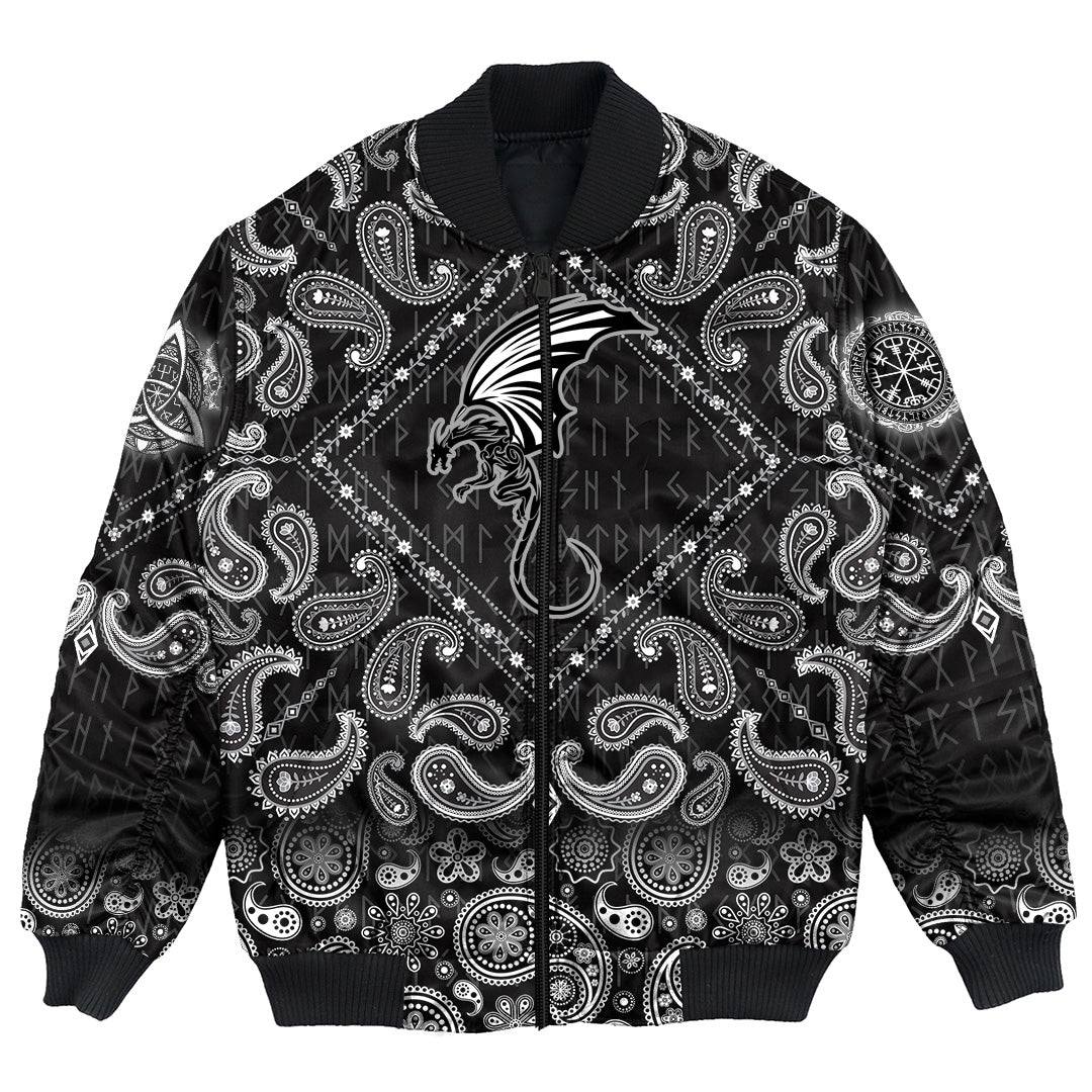 Viking Bomber Jacket Dragon Winged Monster with Bandana Paisley Style