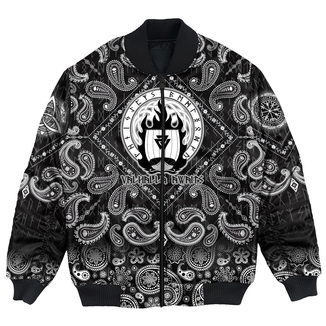 Viking Bomber Jacket Drakkar On Fire And Norse Runes with Bandana Paisley Style