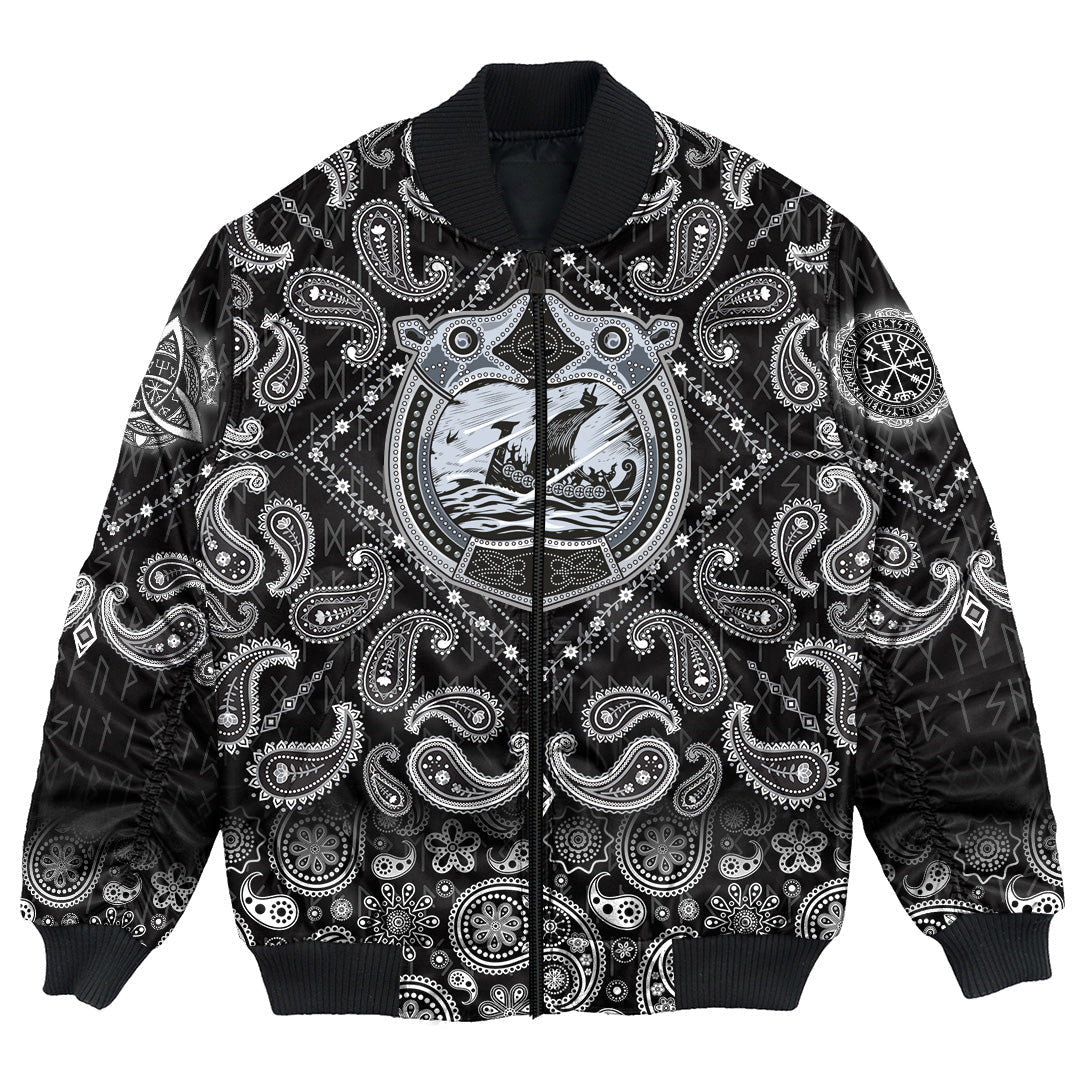 Viking Bomber Jacket Drakkar Sailing In Storm Sea with Bandana Paisley Style