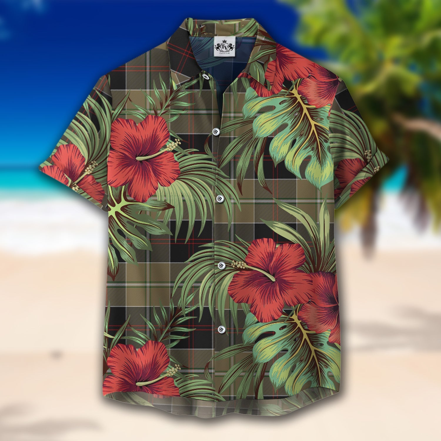 Scottish Tartan Dunlop Hunting Clan Hawaiian Shirt Hibiscus - Tropical Garden Style