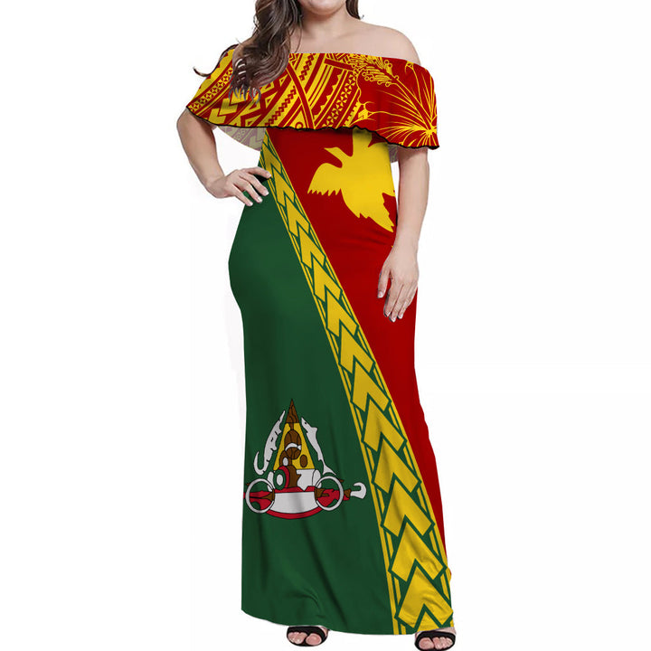 PNG Hibiscus Tribal Pattern Off Shoulder Long Dress - East Sepik Province LT7