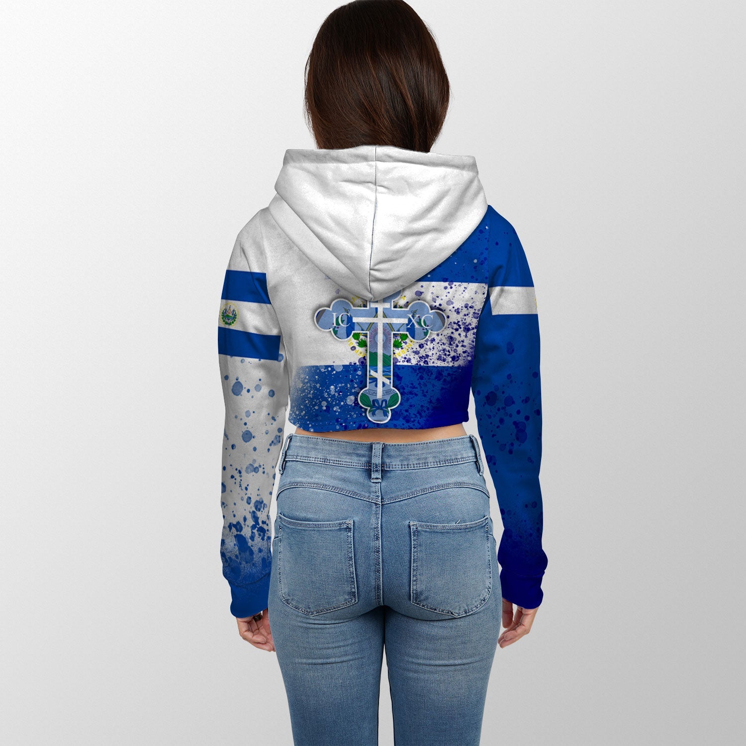 El Salvador Crop Hoodie Flag & Coat Of Arms Orthodox Style