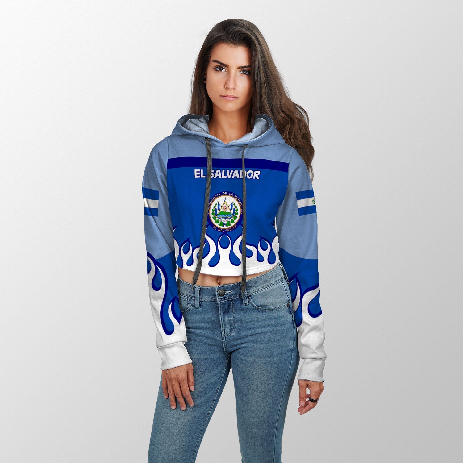 El Salvador Crop Hoodie Flag & Coat Of Arms Fire Hockey Style