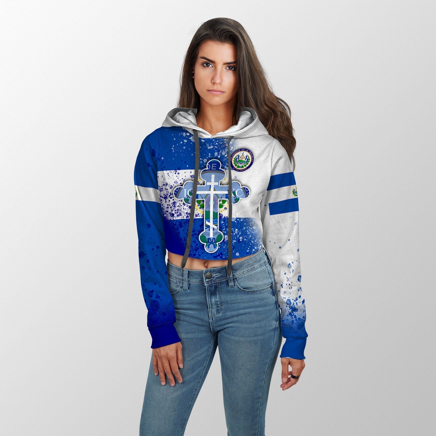 El Salvador Crop Hoodie Flag & Coat Of Arms Orthodox Style