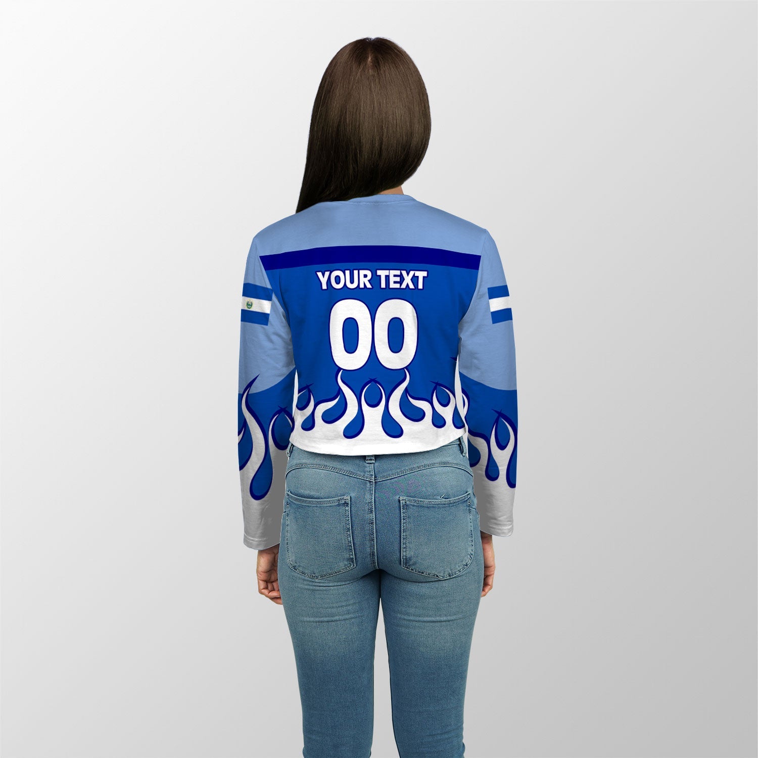 El Salvador Crop Top Long TShirt Flag & Coat Of Arms Fire Hockey Style