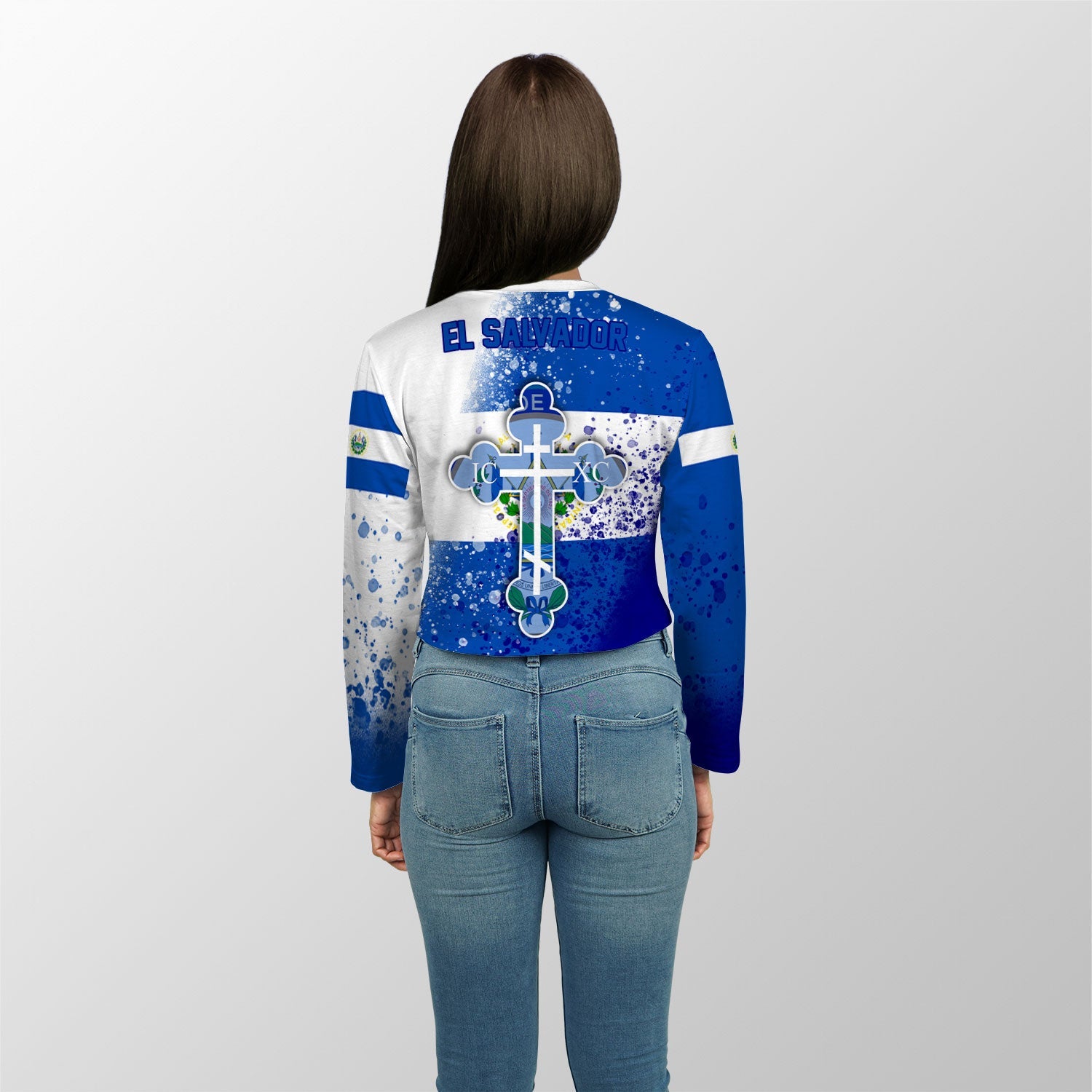 El Salvador Crop Top Long TShirt Flag & Coat Of Arms Orthodox Style