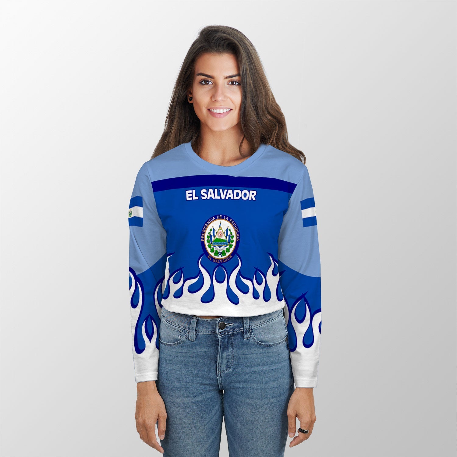 El Salvador Crop Top Long TShirt Flag & Coat Of Arms Fire Hockey Style